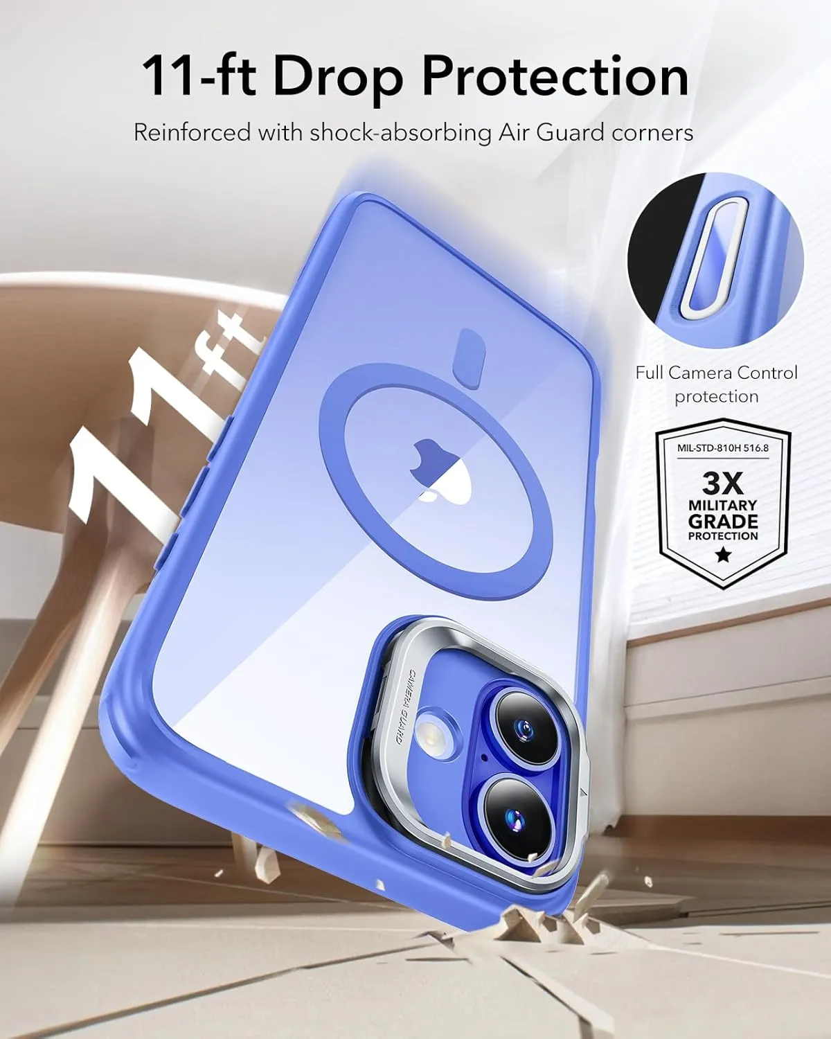 ESR for iPhone 16 Case, Camera Control Button Compatible with MagSafe, Military-Grade Protective Case, Built-in Stash Stand Phone Case, Scratch-Resistant Back Cover, Classic Series, Clear Blue