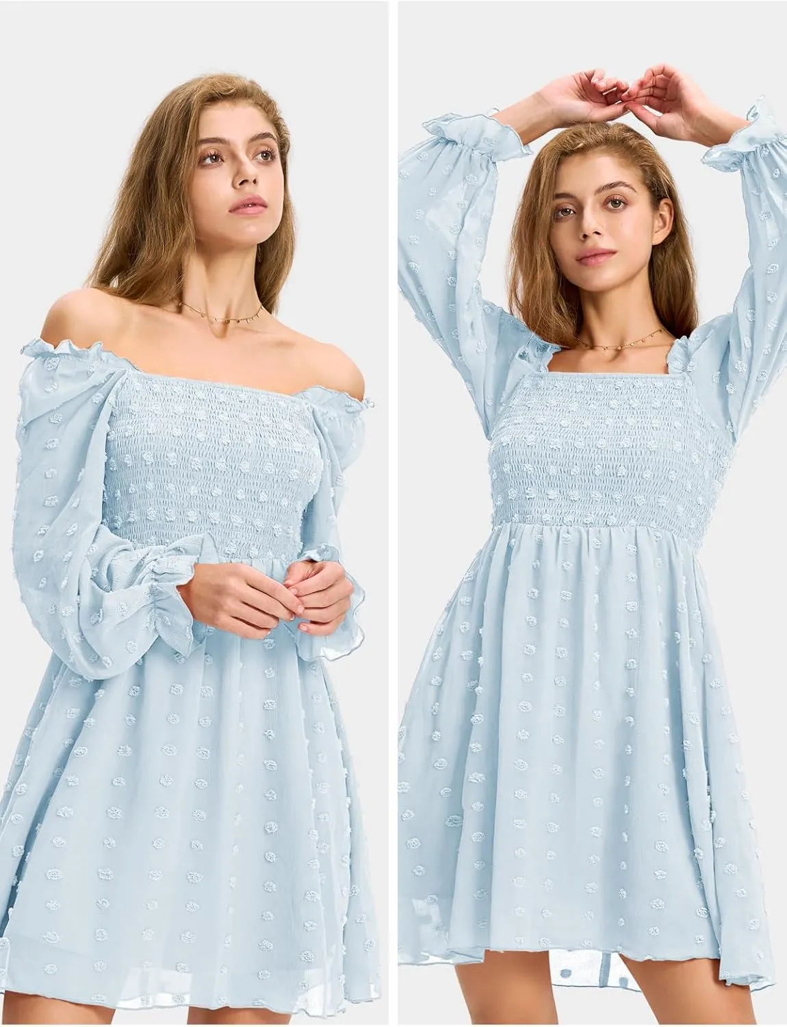 EXLURA Women's 2025 Summer Long Sleeve Party Swiss Dot Dress Smocked Ruffle Cocktail Mini Dresses