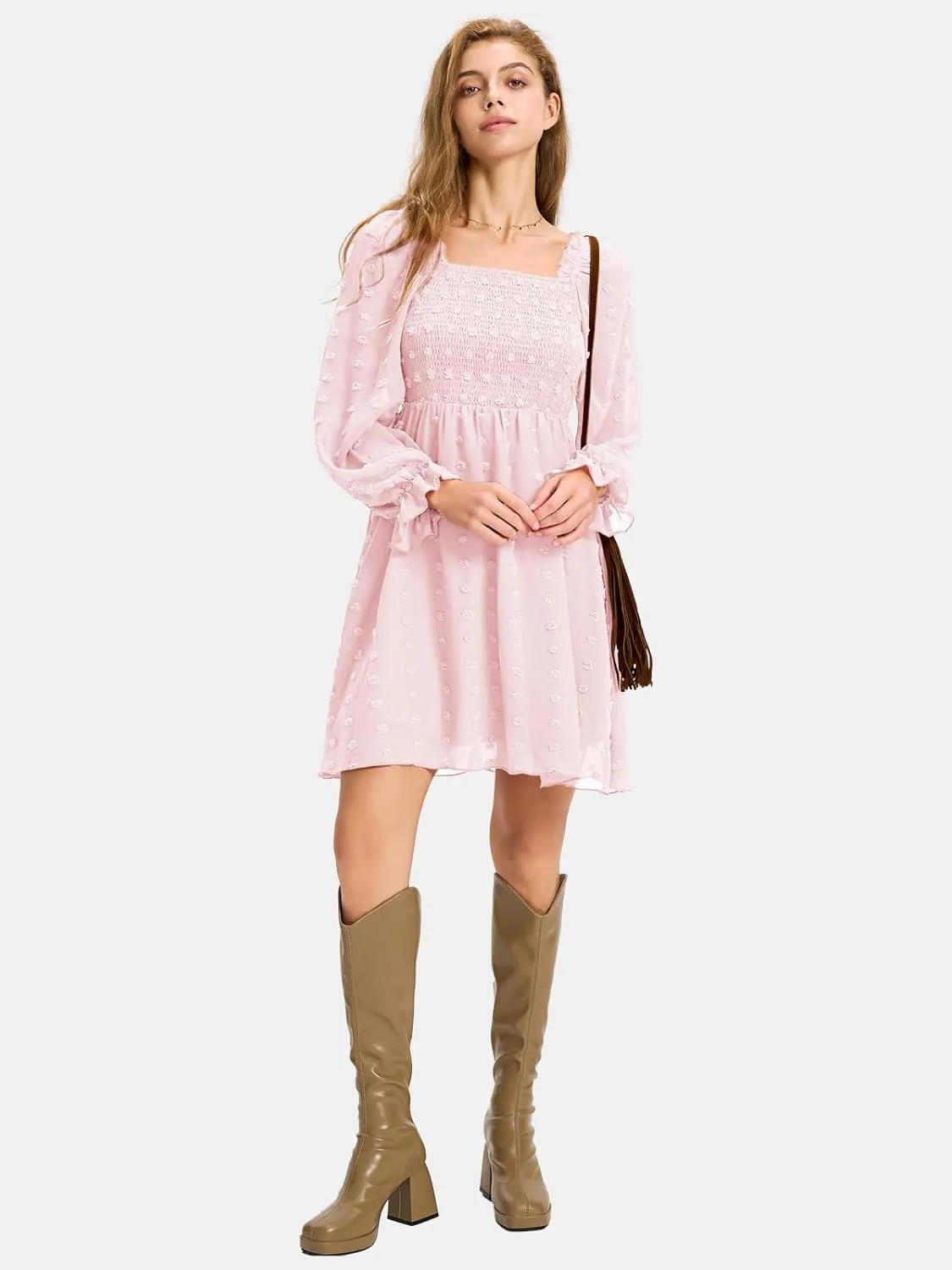 EXLURA Women's 2025 Summer Long Sleeve Party Swiss Dot Dress Smocked Ruffle Cocktail Mini Dresses