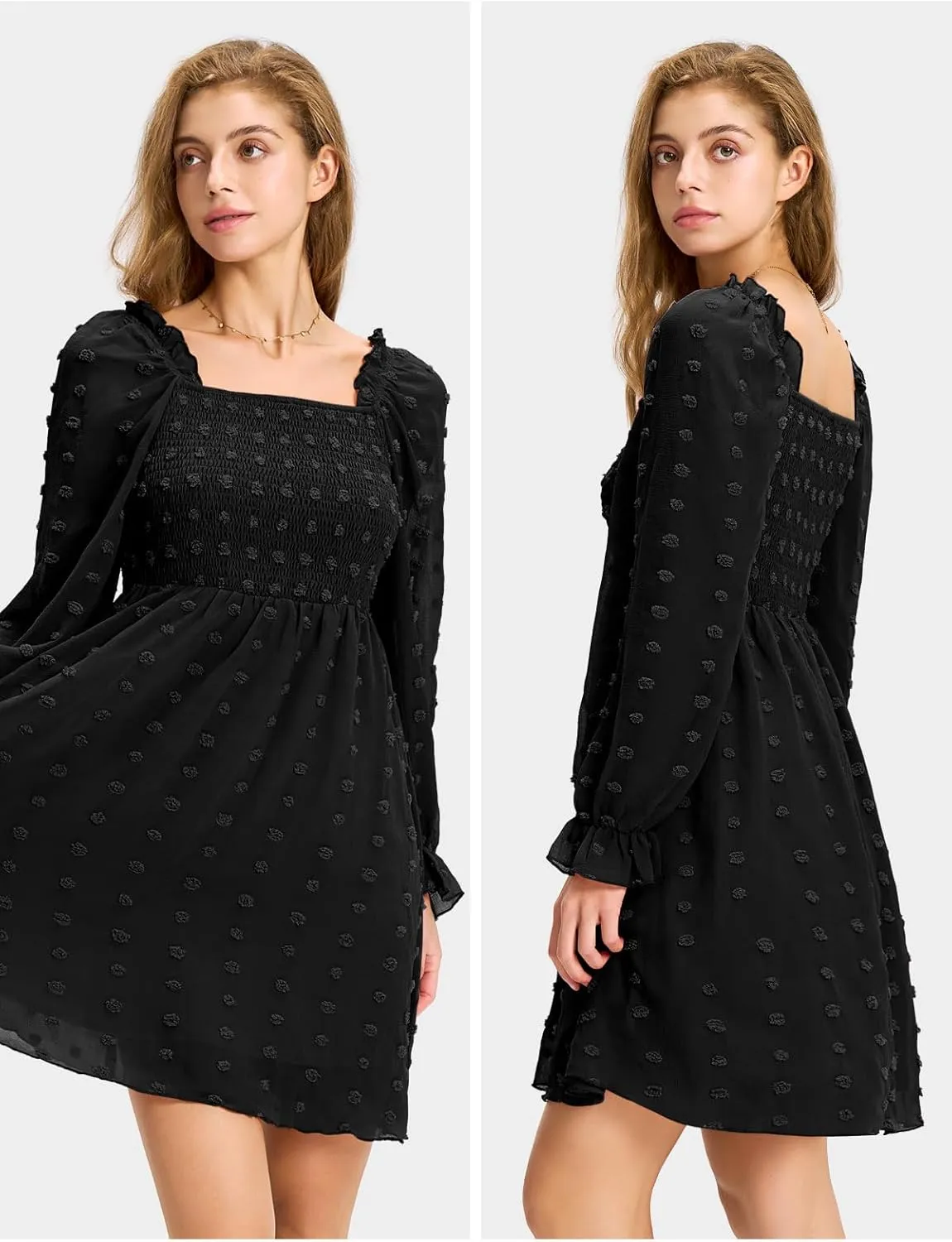 EXLURA Women's 2025 Summer Long Sleeve Party Swiss Dot Dress Smocked Ruffle Cocktail Mini Dresses