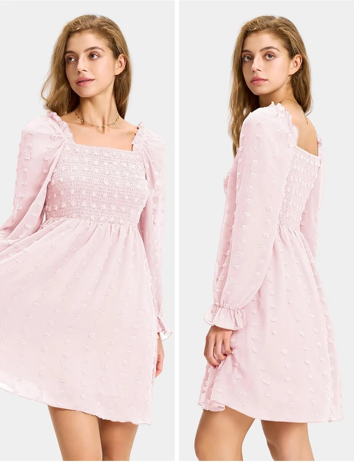 EXLURA Women's 2025 Summer Long Sleeve Party Swiss Dot Dress Smocked Ruffle Cocktail Mini Dresses