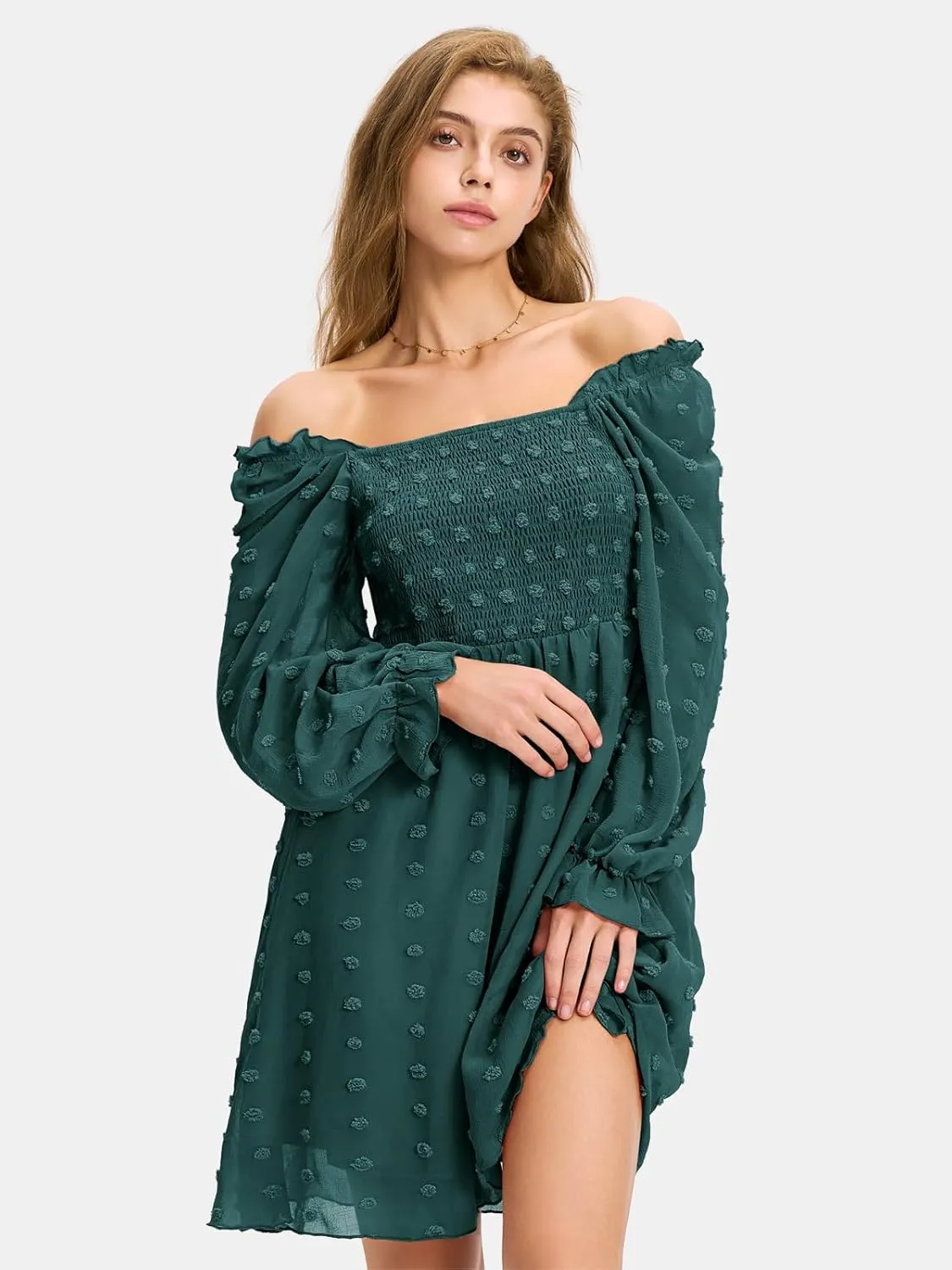 EXLURA Women's 2025 Summer Long Sleeve Party Swiss Dot Dress Smocked Ruffle Cocktail Mini Dresses