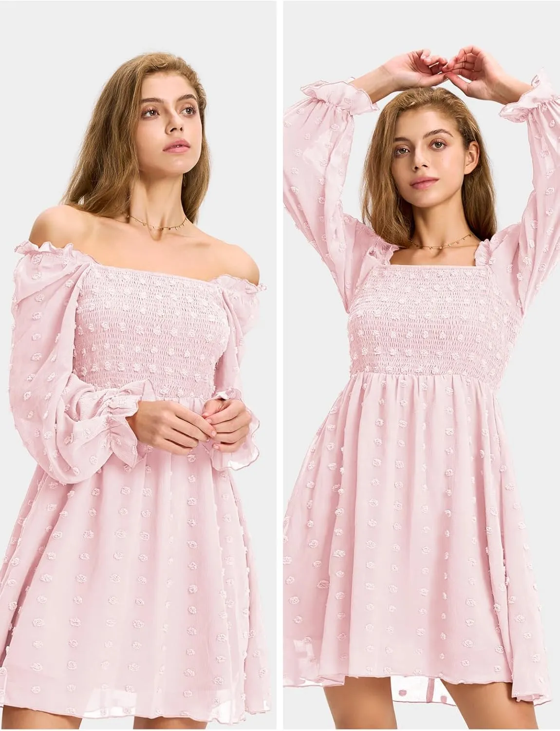 EXLURA Women's 2025 Summer Long Sleeve Party Swiss Dot Dress Smocked Ruffle Cocktail Mini Dresses