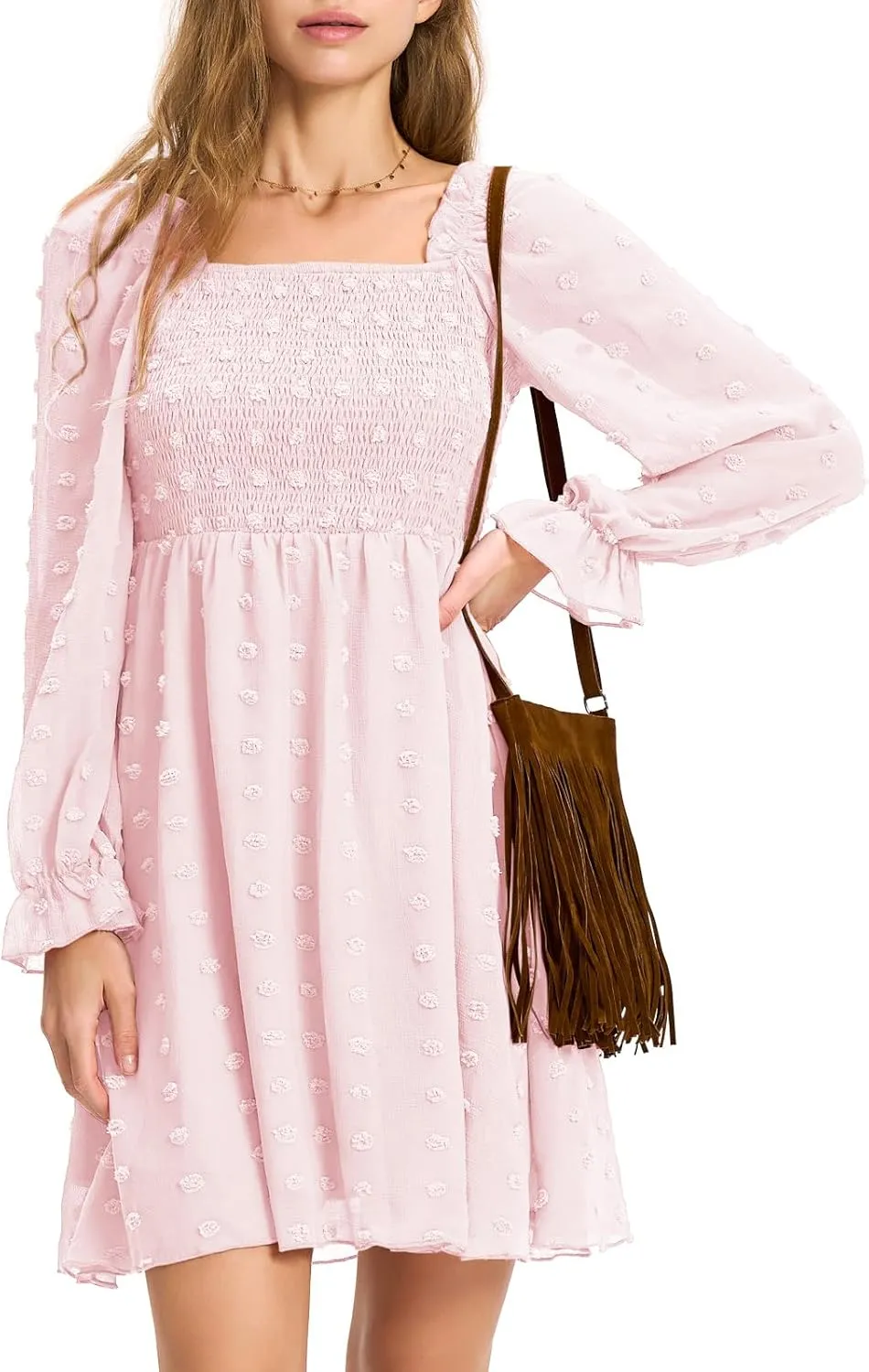 EXLURA Women's 2025 Summer Long Sleeve Party Swiss Dot Dress Smocked Ruffle Cocktail Mini Dresses