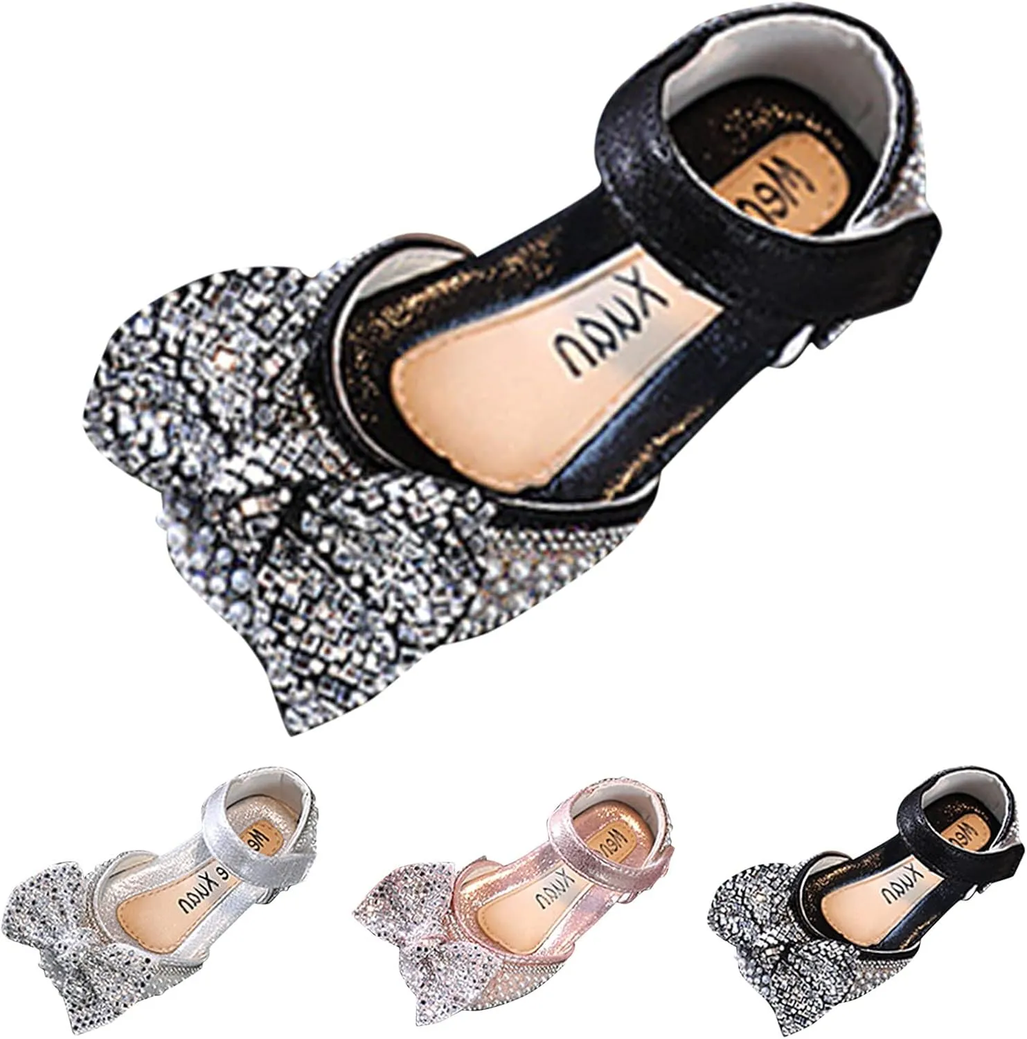 Fashion Spring and Summer Girls Sandals Dress Performance Dance Shoes Pearl Sequin Shiny Bow Hook Loop Slides for Kids (Black, 3.5-4 Years Toddler)