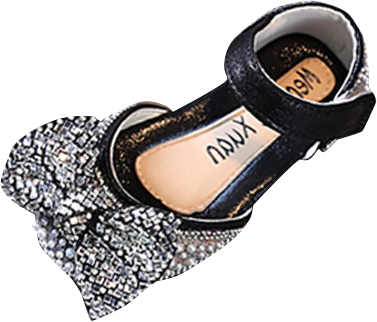 Fashion Spring and Summer Girls Sandals Dress Performance Dance Shoes Pearl Sequin Shiny Bow Hook Loop Slides for Kids (Black, 3.5-4 Years Toddler)