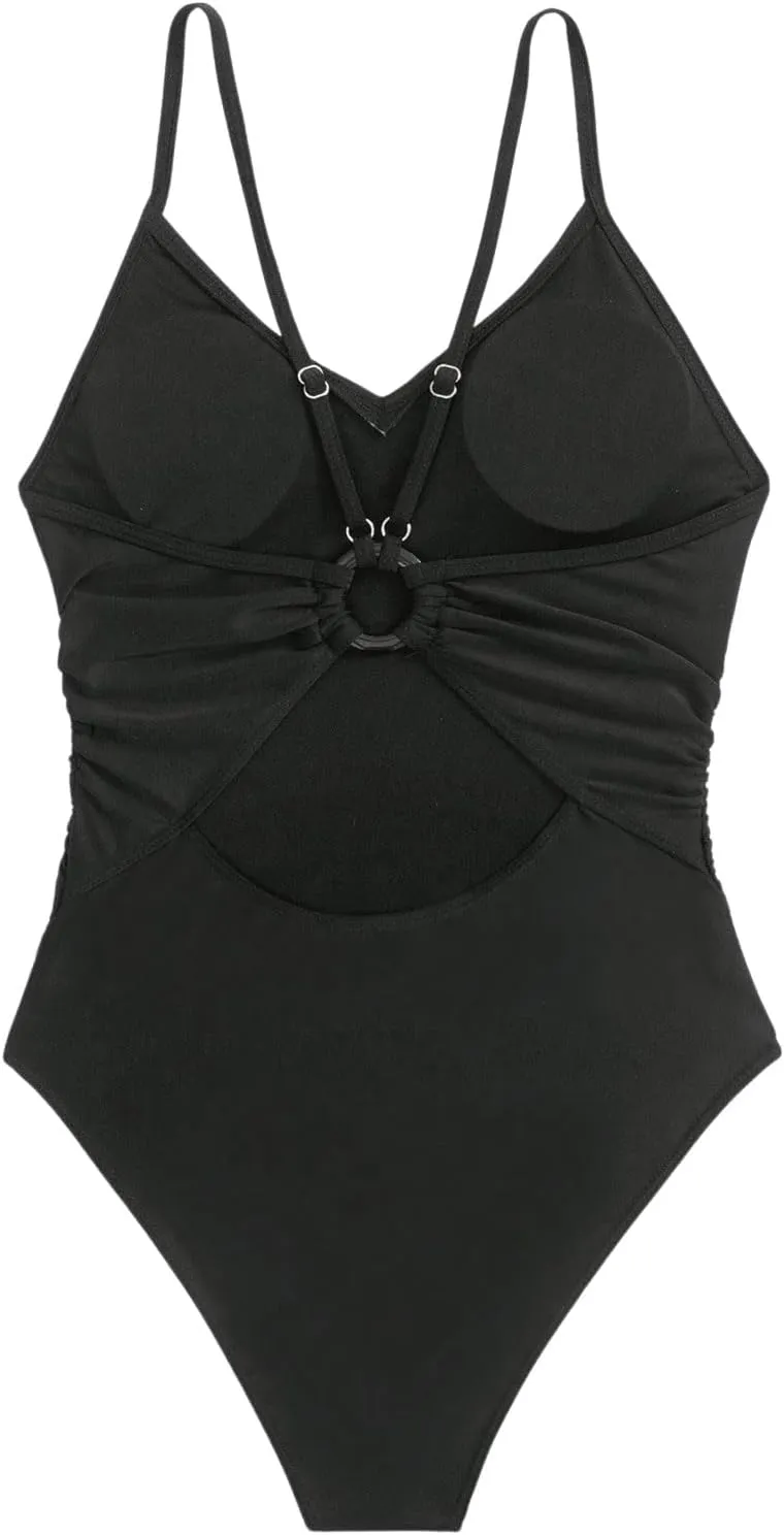 Floerns Women's Cut Out Ring Linked Cut Out Back One Piece Swimsuit Monokini
