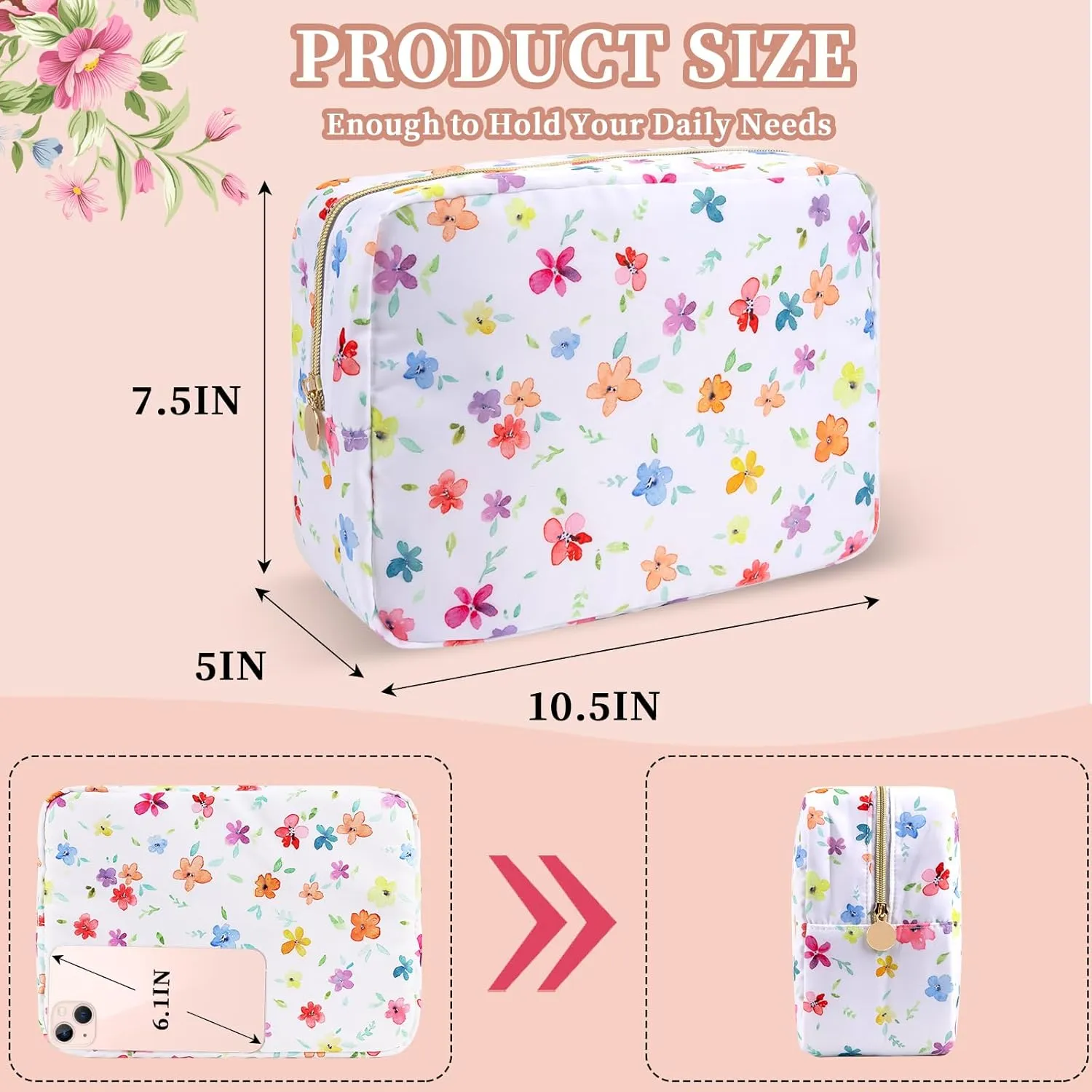 Floral Large Makeup Bag Flower Cosmetic Pouch, Coquette Aesthetic Makeup Bag Cosmetic Bag for Women, Large Capacity Nylon Travel Pouch Waterproof Skincare Toiletry Bag with Zipper(Colorful Floral)