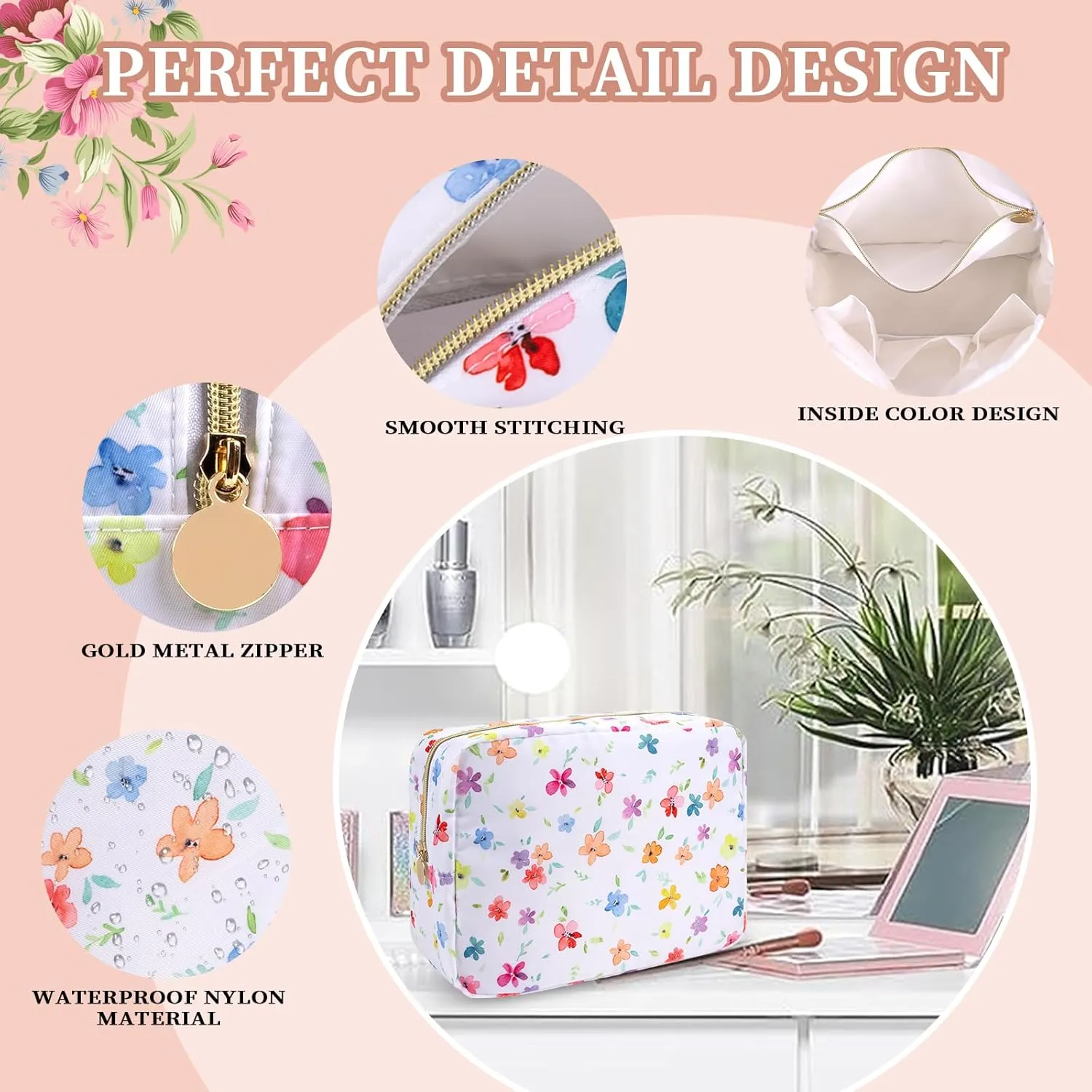 Floral Large Makeup Bag Flower Cosmetic Pouch, Coquette Aesthetic Makeup Bag Cosmetic Bag for Women, Large Capacity Nylon Travel Pouch Waterproof Skincare Toiletry Bag with Zipper(Colorful Floral)
