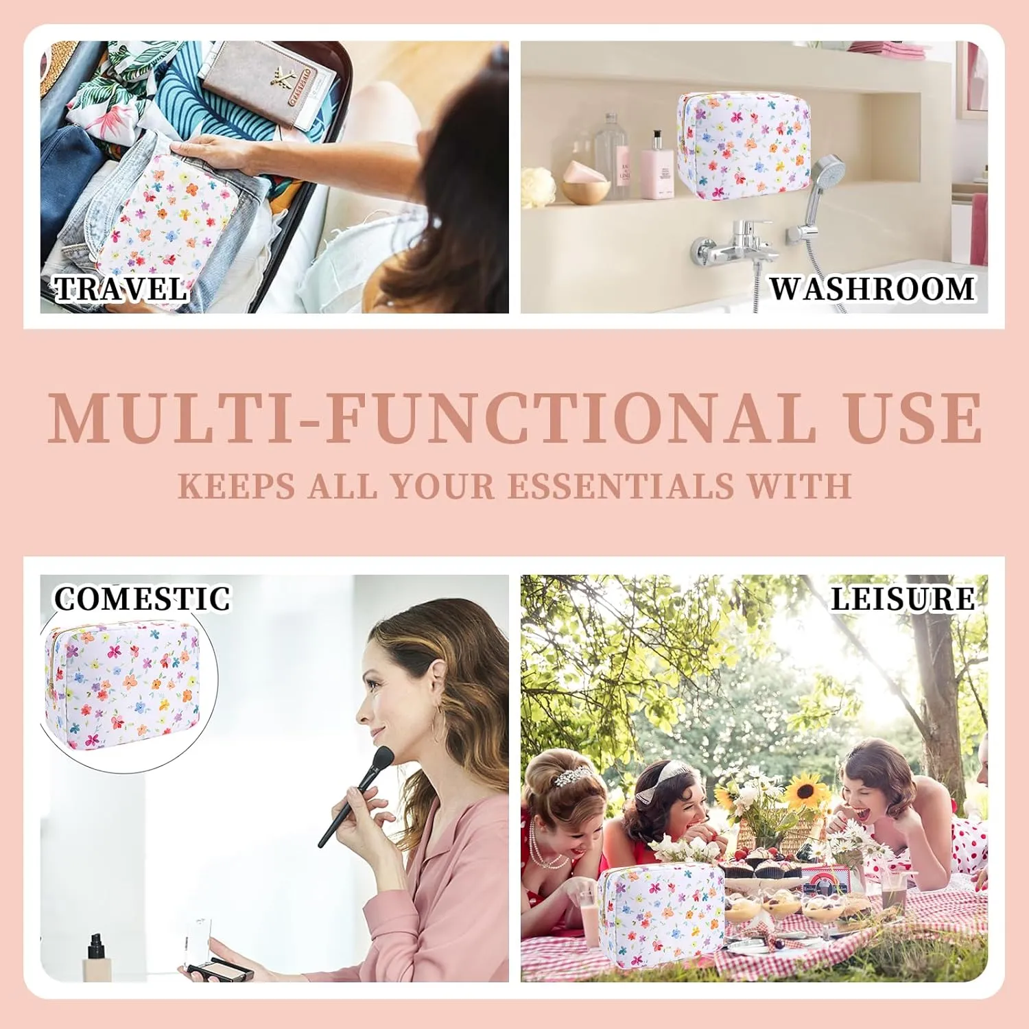 Floral Large Makeup Bag Flower Cosmetic Pouch, Coquette Aesthetic Makeup Bag Cosmetic Bag for Women, Large Capacity Nylon Travel Pouch Waterproof Skincare Toiletry Bag with Zipper(Colorful Floral)