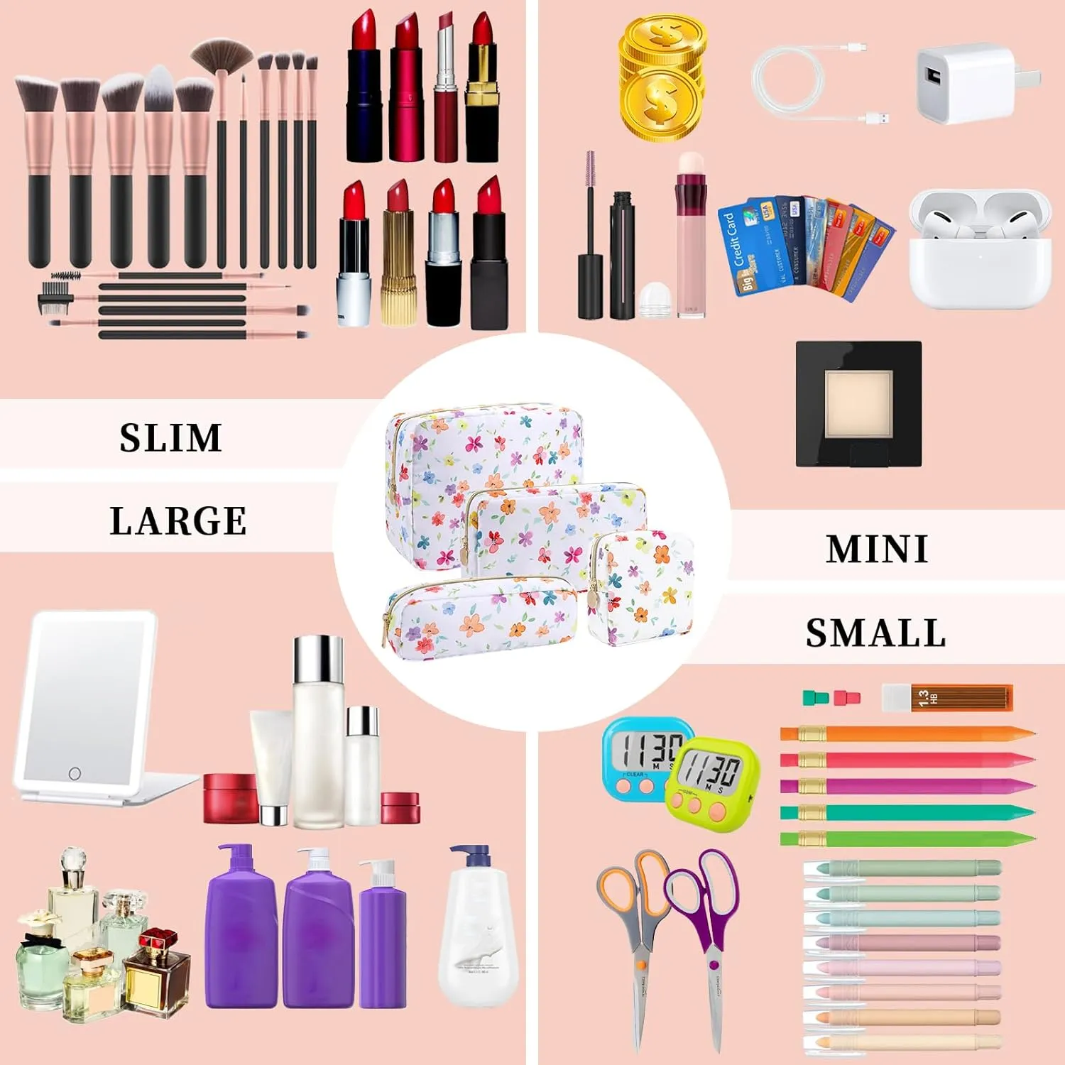 Floral Large Makeup Bag Flower Cosmetic Pouch, Coquette Aesthetic Makeup Bag Cosmetic Bag for Women, Large Capacity Nylon Travel Pouch Waterproof Skincare Toiletry Bag with Zipper(Colorful Floral)