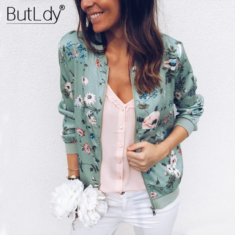 Floral Spring Jacket l Print Zipper Casual Jacket Women 2019 Spring Summer Long Sleeve Loose Bomber