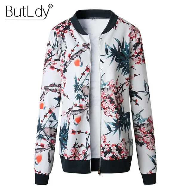 Floral Spring Jacket l Print Zipper Casual Jacket Women 2019 Spring Summer Long Sleeve Loose Bomber
