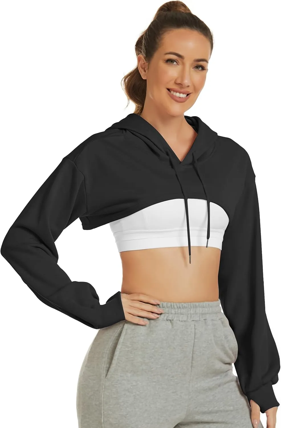 Flygo Women's Cut Out Super Cropped Hoodie Long Sleeve Hooded Sweatshirt Pullover Active Top