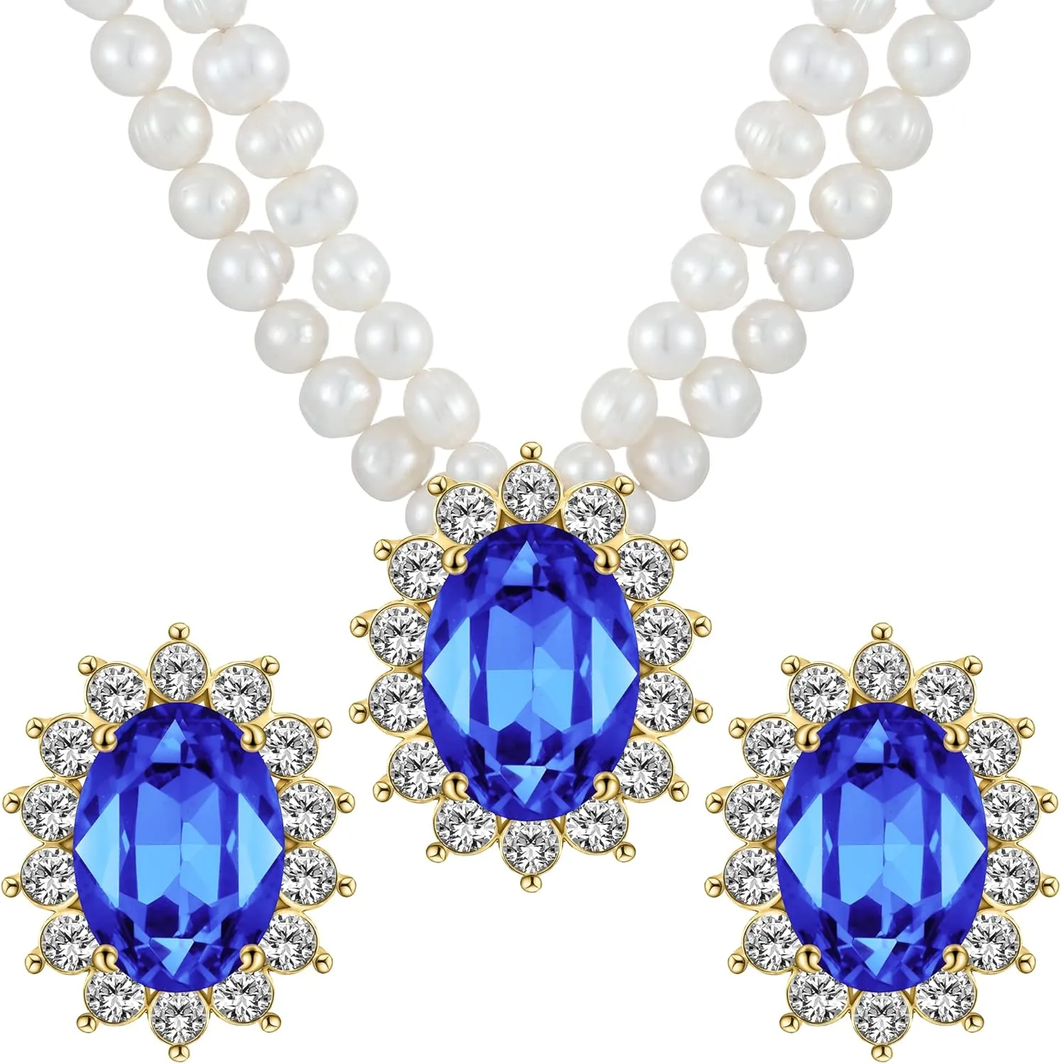 Freshwater Cultured Pearl Necklace Set, Includes Real Pearl Necklace and Earrings with Gemstones and Rhinestones, Perfect for Valentine's Day, Birthday