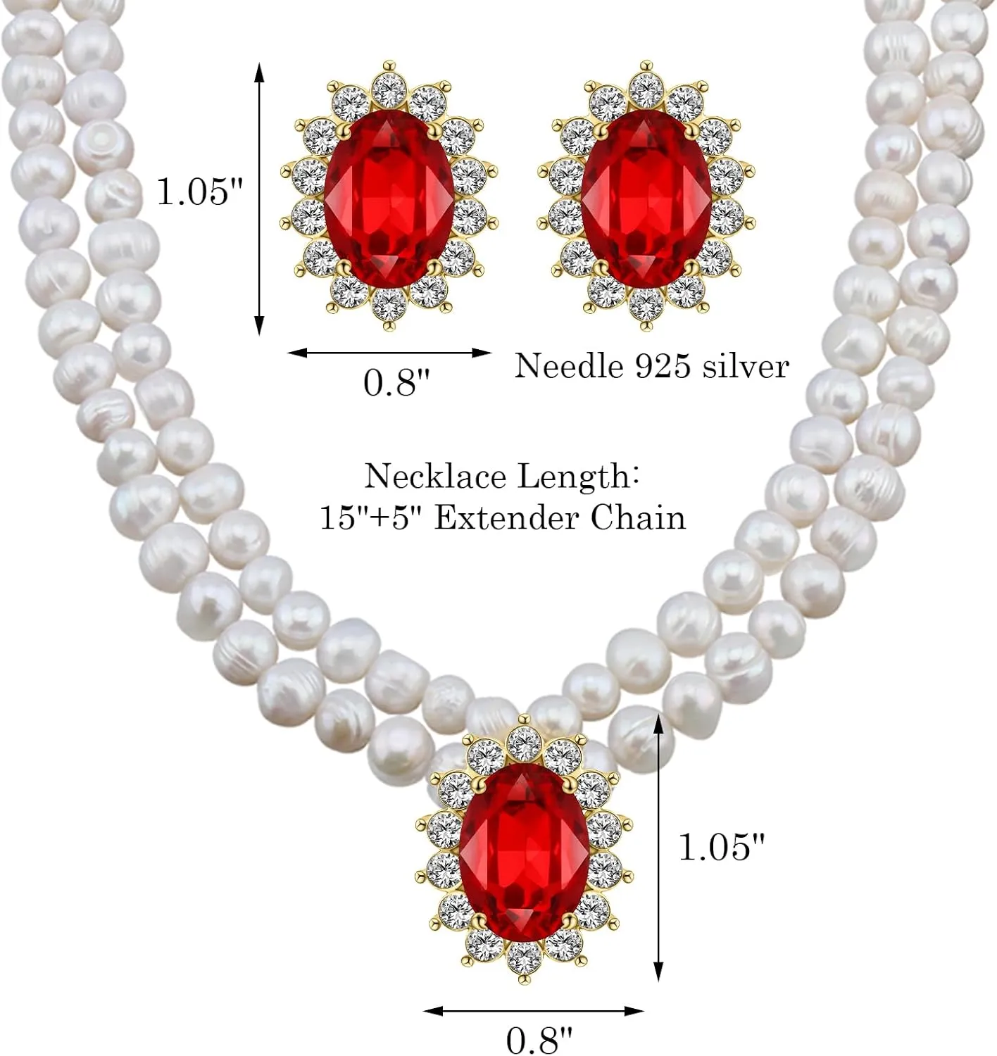 Freshwater Cultured Pearl Necklace Set, Includes Real Pearl Necklace and Earrings with Gemstones and Rhinestones, Perfect for Valentine's Day, Birthday