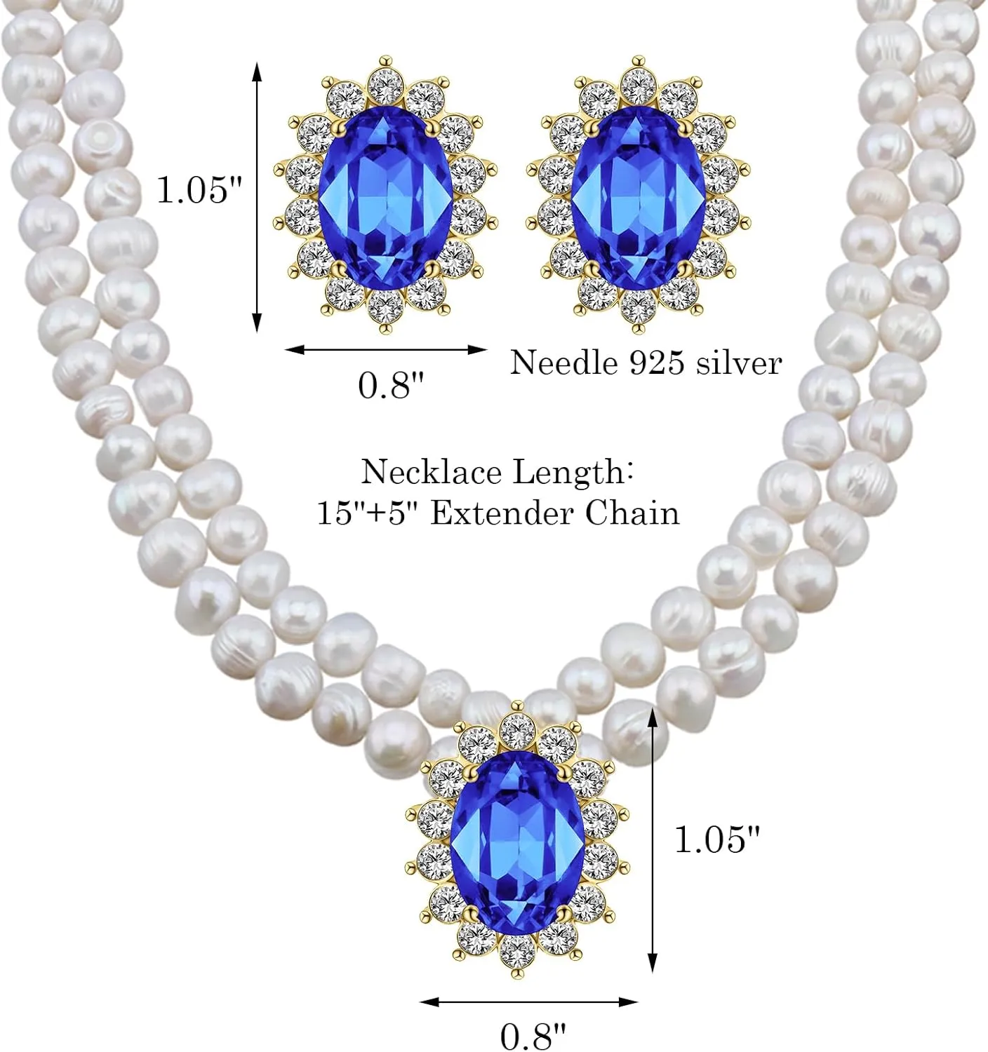 Freshwater Cultured Pearl Necklace Set, Includes Real Pearl Necklace and Earrings with Gemstones and Rhinestones, Perfect for Valentine's Day, Birthday