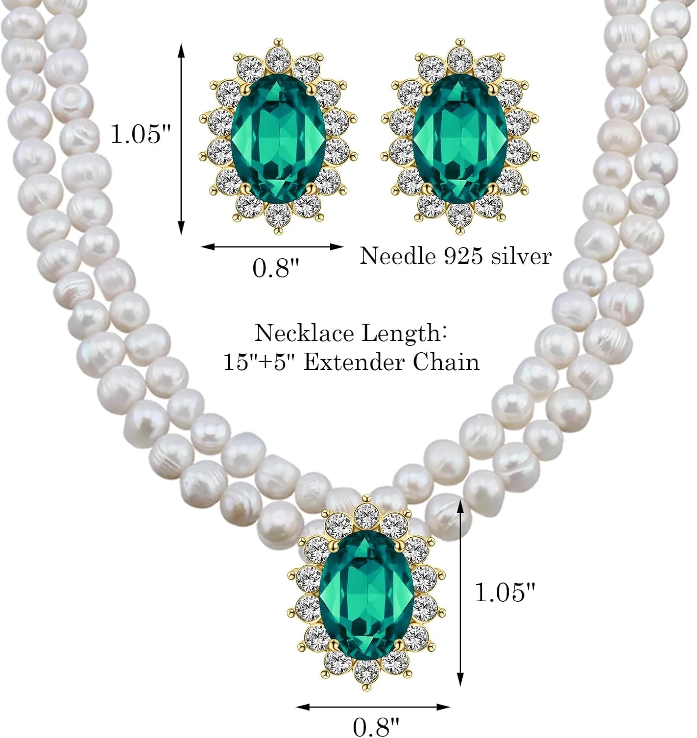Freshwater Cultured Pearl Necklace Set, Includes Real Pearl Necklace and Earrings with Gemstones and Rhinestones, Perfect for Valentine's Day, Birthday