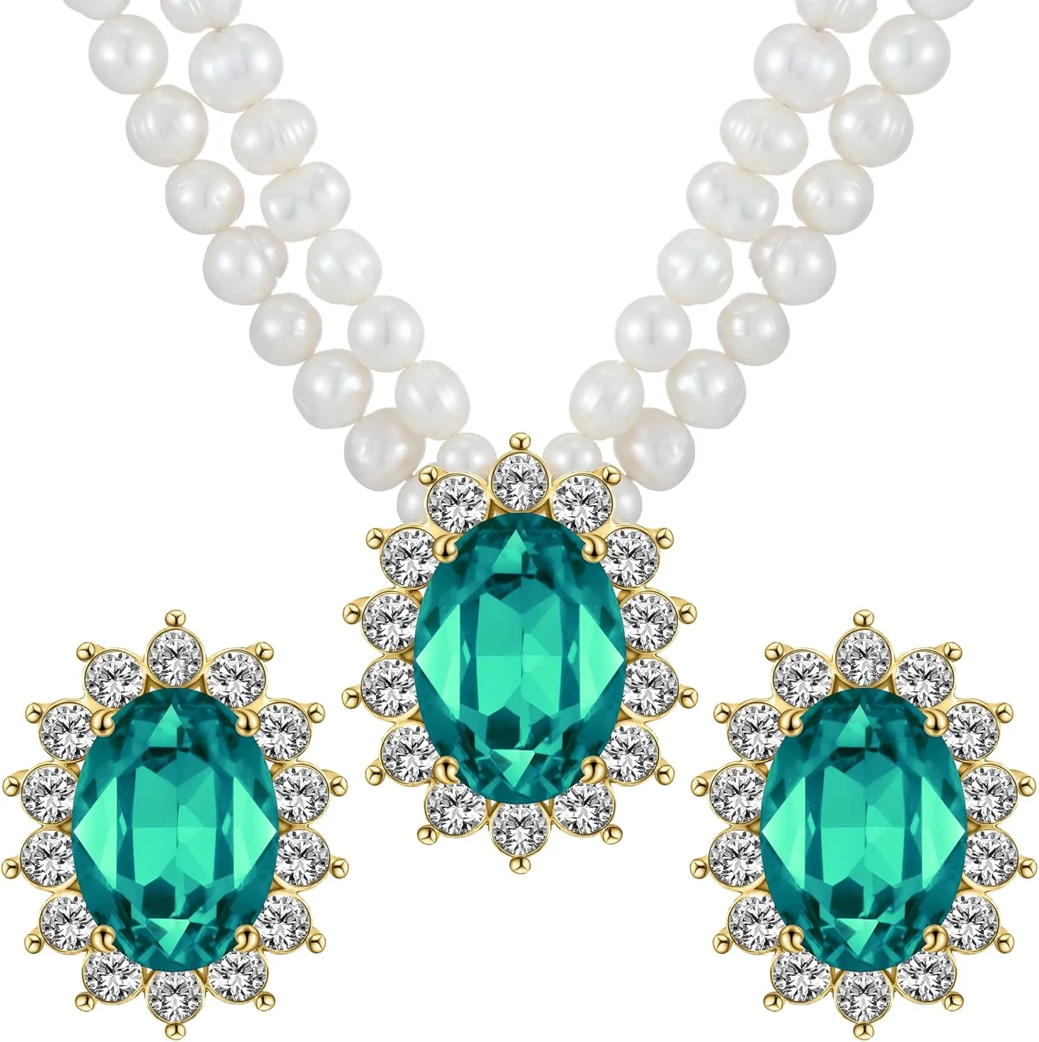 Freshwater Cultured Pearl Necklace Set, Includes Real Pearl Necklace and Earrings with Gemstones and Rhinestones, Perfect for Valentine's Day, Birthday