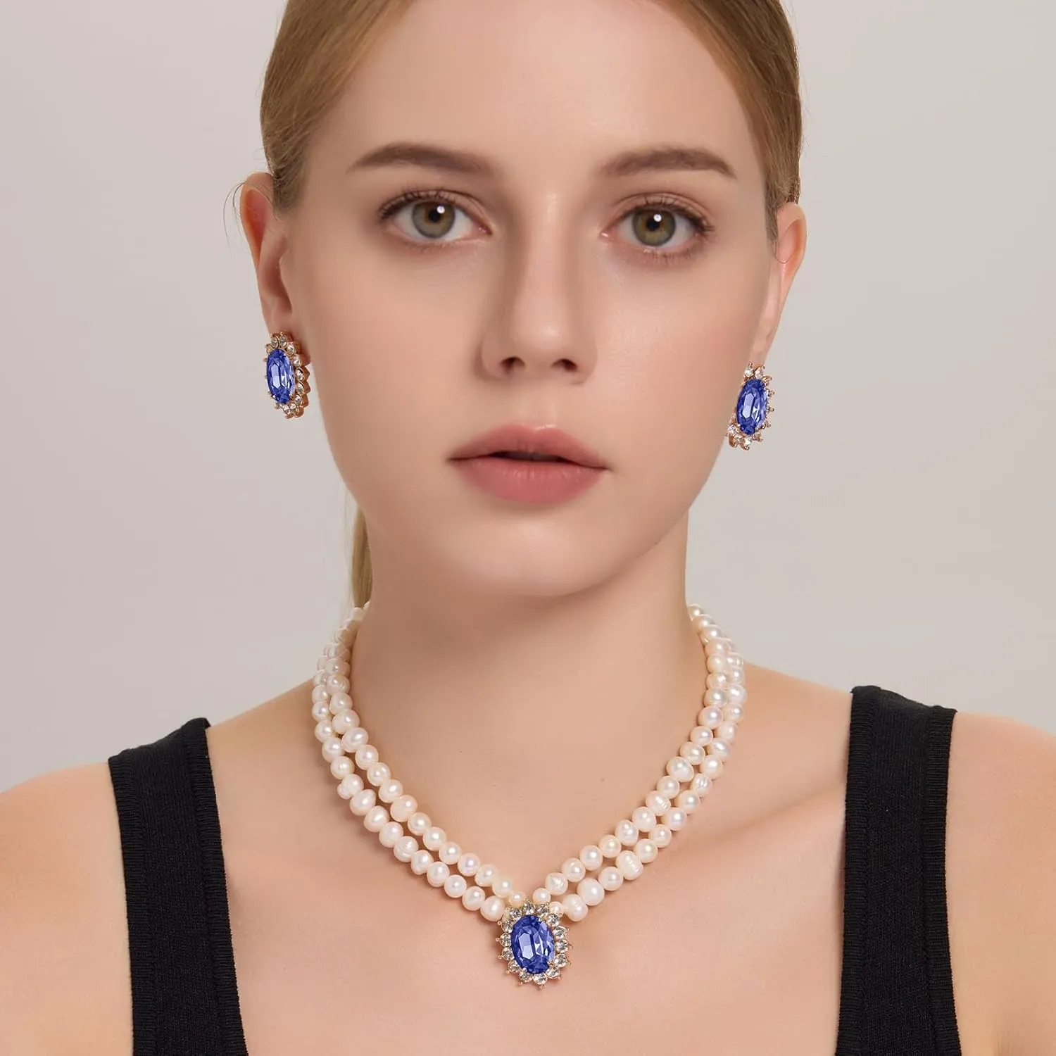 Freshwater Cultured Pearl Necklace Set, Includes Real Pearl Necklace and Earrings with Gemstones and Rhinestones, Perfect for Valentine's Day, Birthday