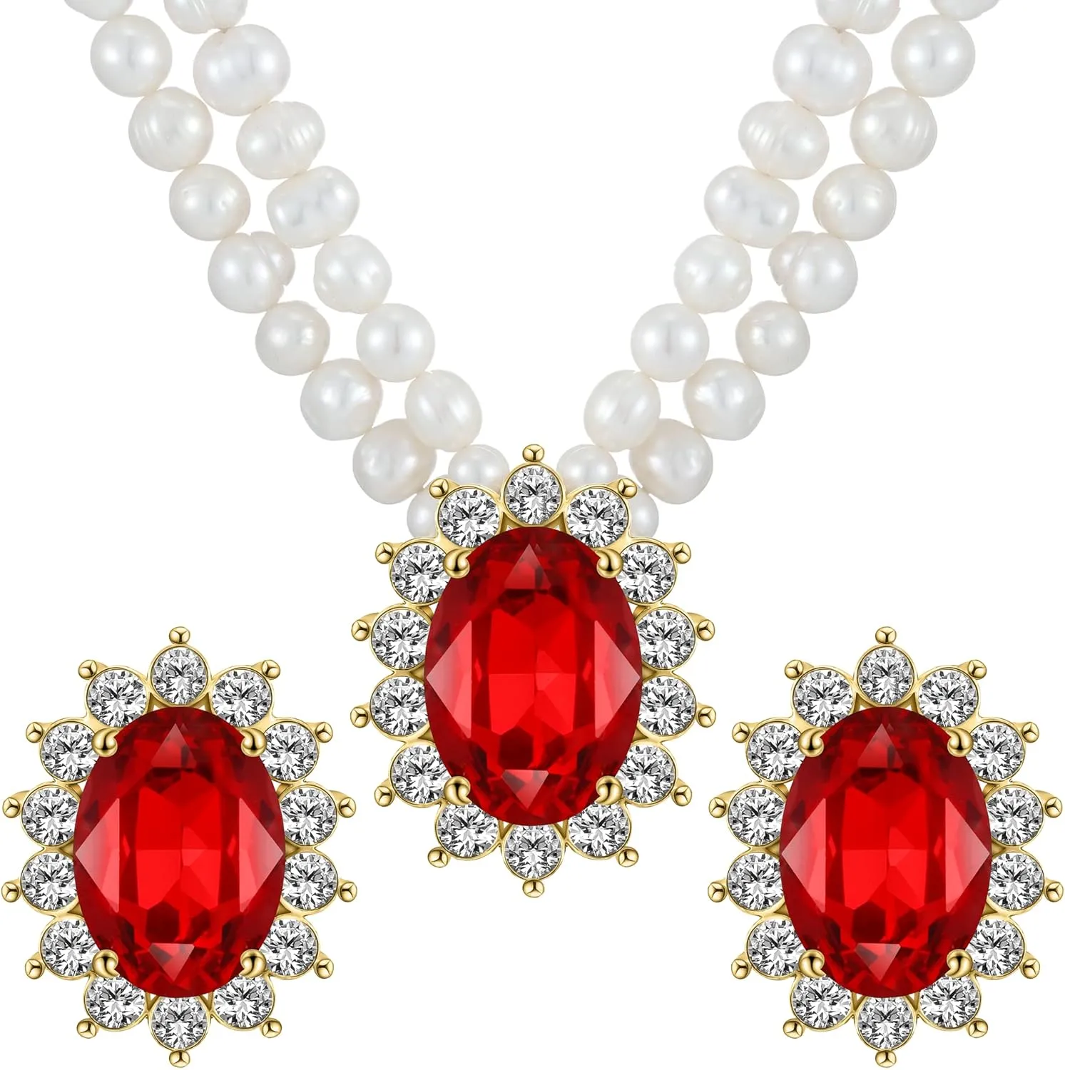Freshwater Cultured Pearl Necklace Set, Includes Real Pearl Necklace and Earrings with Gemstones and Rhinestones, Perfect for Valentine's Day, Birthday