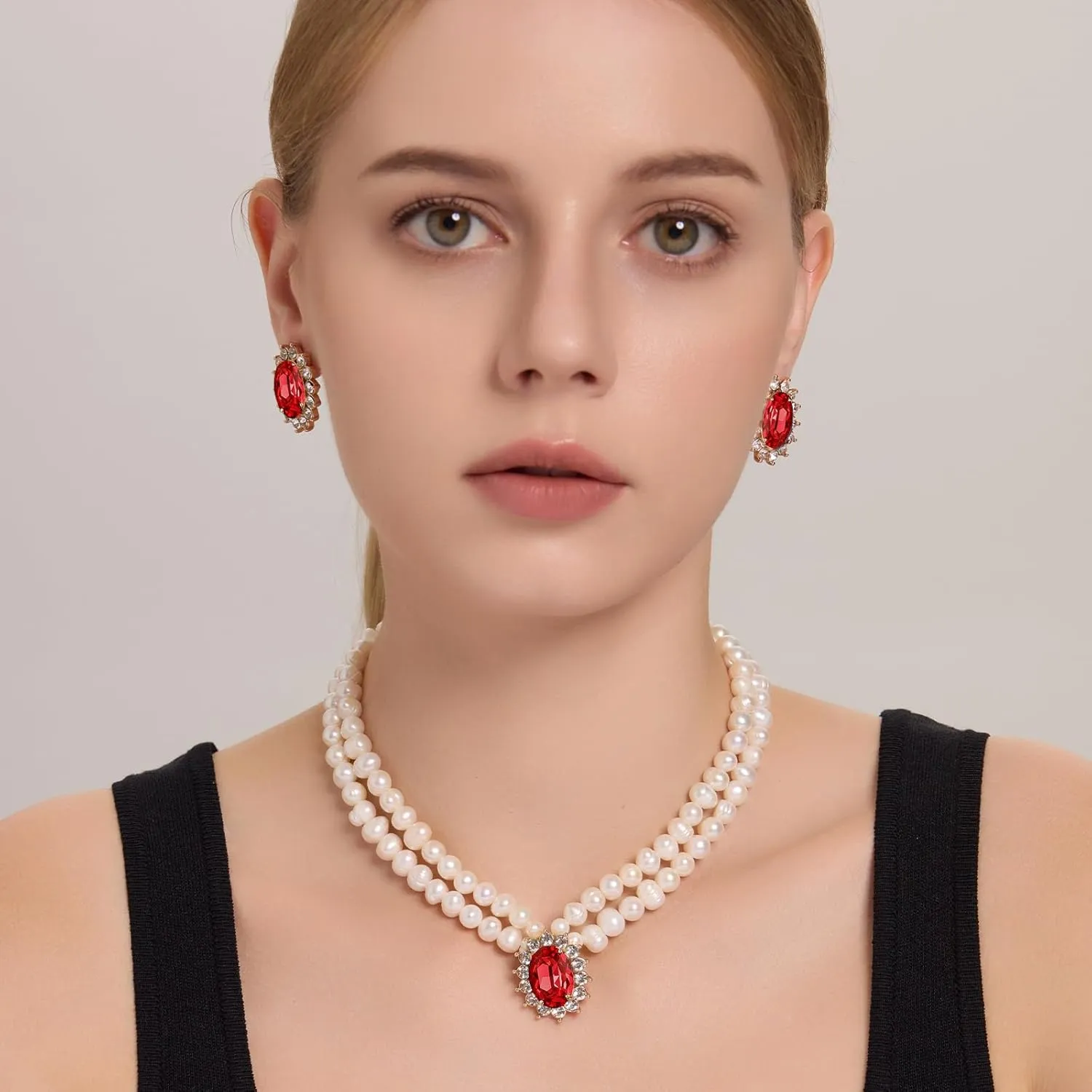 Freshwater Cultured Pearl Necklace Set, Includes Real Pearl Necklace and Earrings with Gemstones and Rhinestones, Perfect for Valentine's Day, Birthday