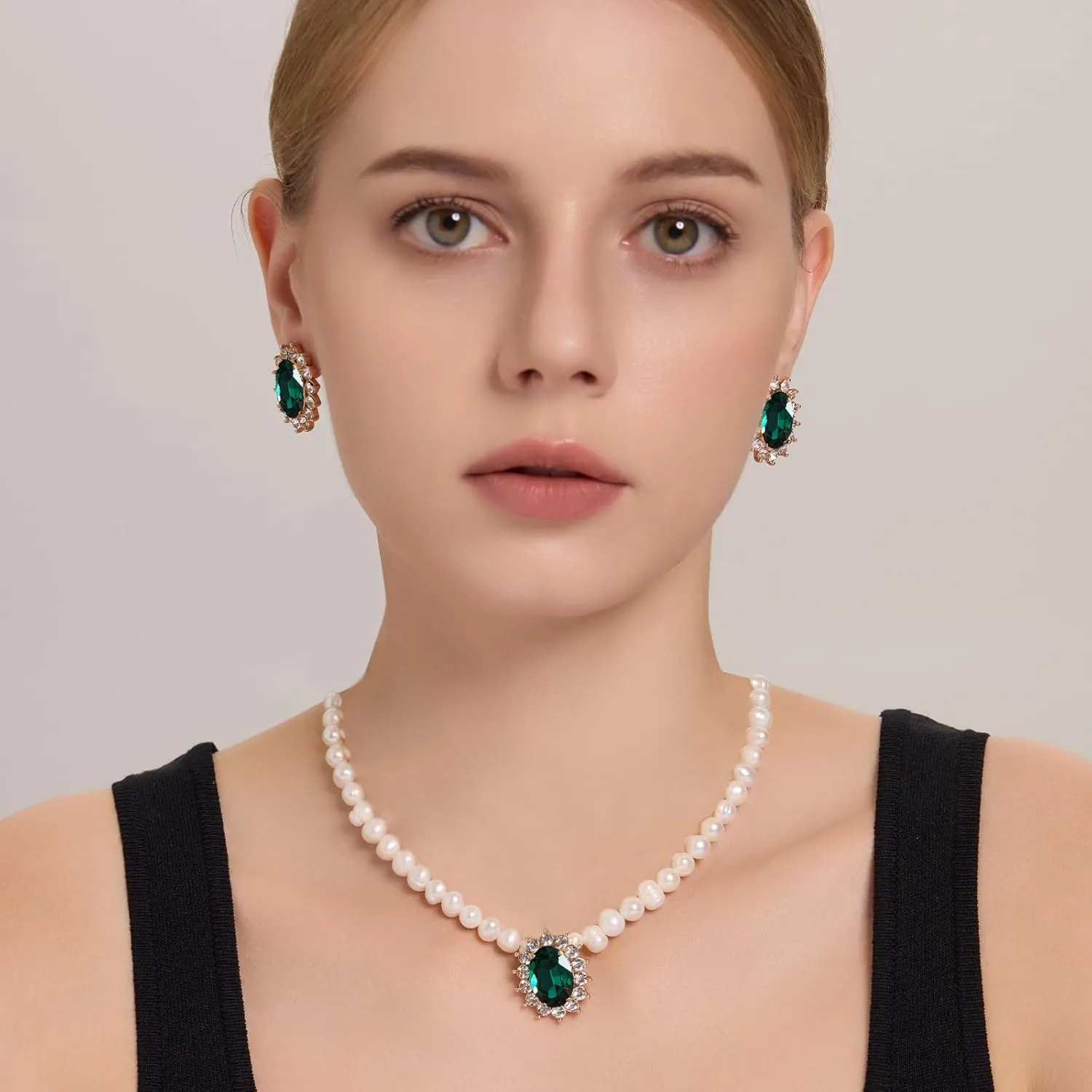 Freshwater Cultured Pearl Necklace Set, Includes Real Pearl Necklace and Earrings with Gemstones and Rhinestones, Perfect for Valentine's Day, Birthday