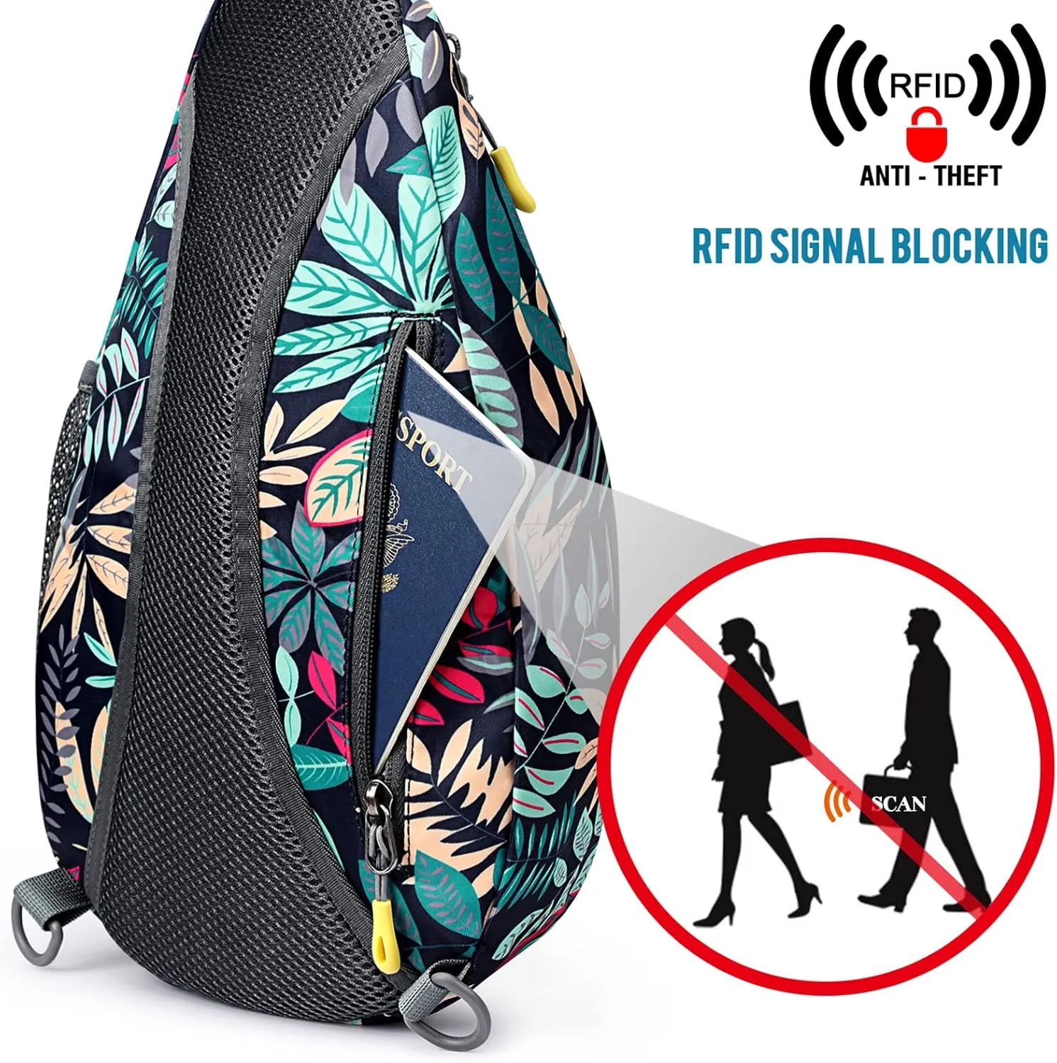 G4Free RFID Sling Bag Crossbody Backpack Casual Chest Shoulder Daypack Gym Bag for Hiking Travel 7L(Blue Leaf)