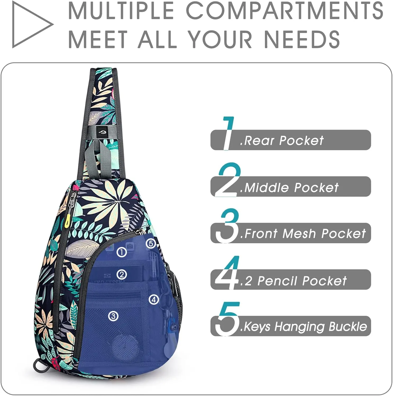 G4Free RFID Sling Bag Crossbody Backpack Casual Chest Shoulder Daypack Gym Bag for Hiking Travel 7L(Blue Leaf)