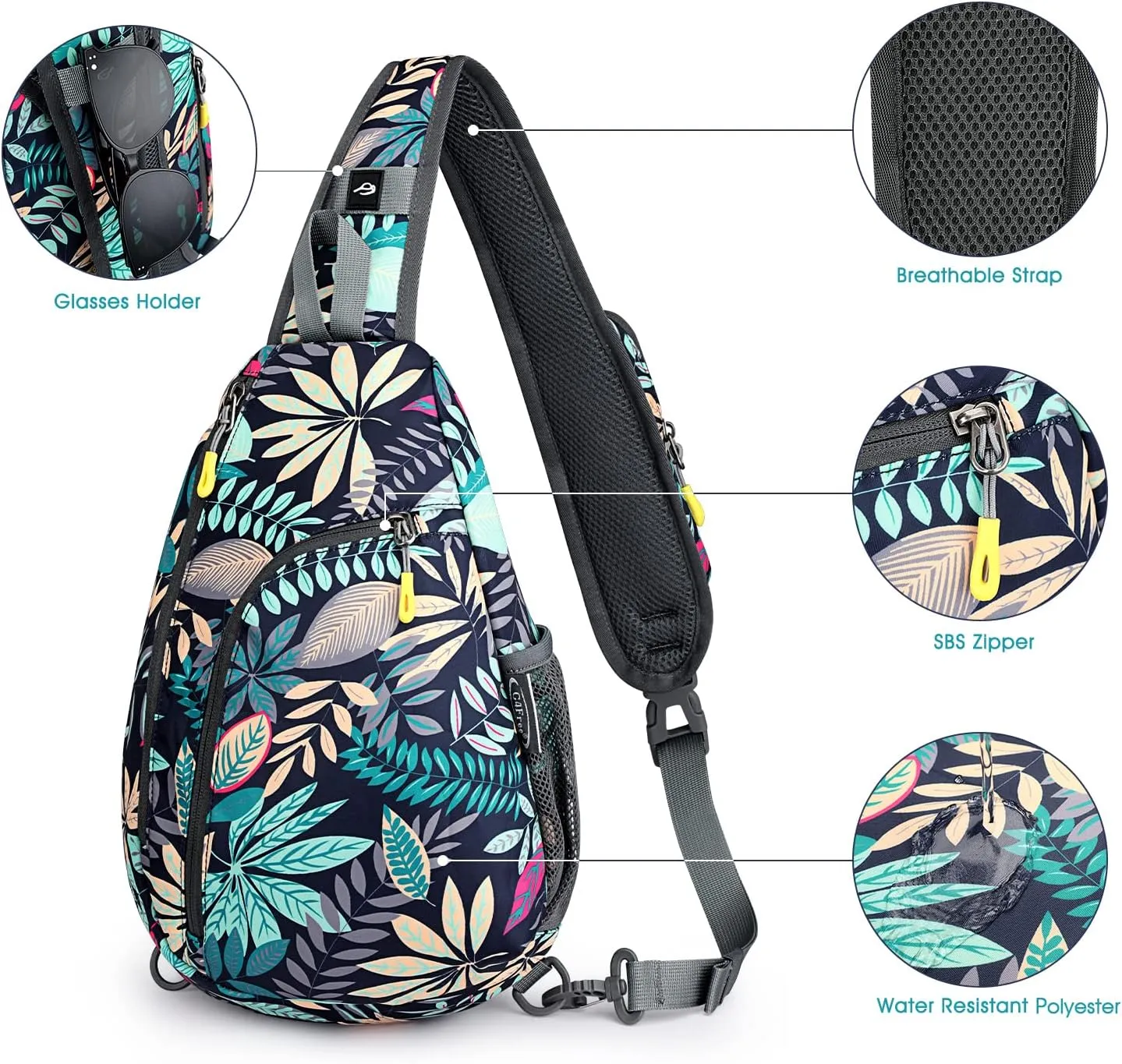 G4Free RFID Sling Bag Crossbody Backpack Casual Chest Shoulder Daypack Gym Bag for Hiking Travel 7L(Blue Leaf)