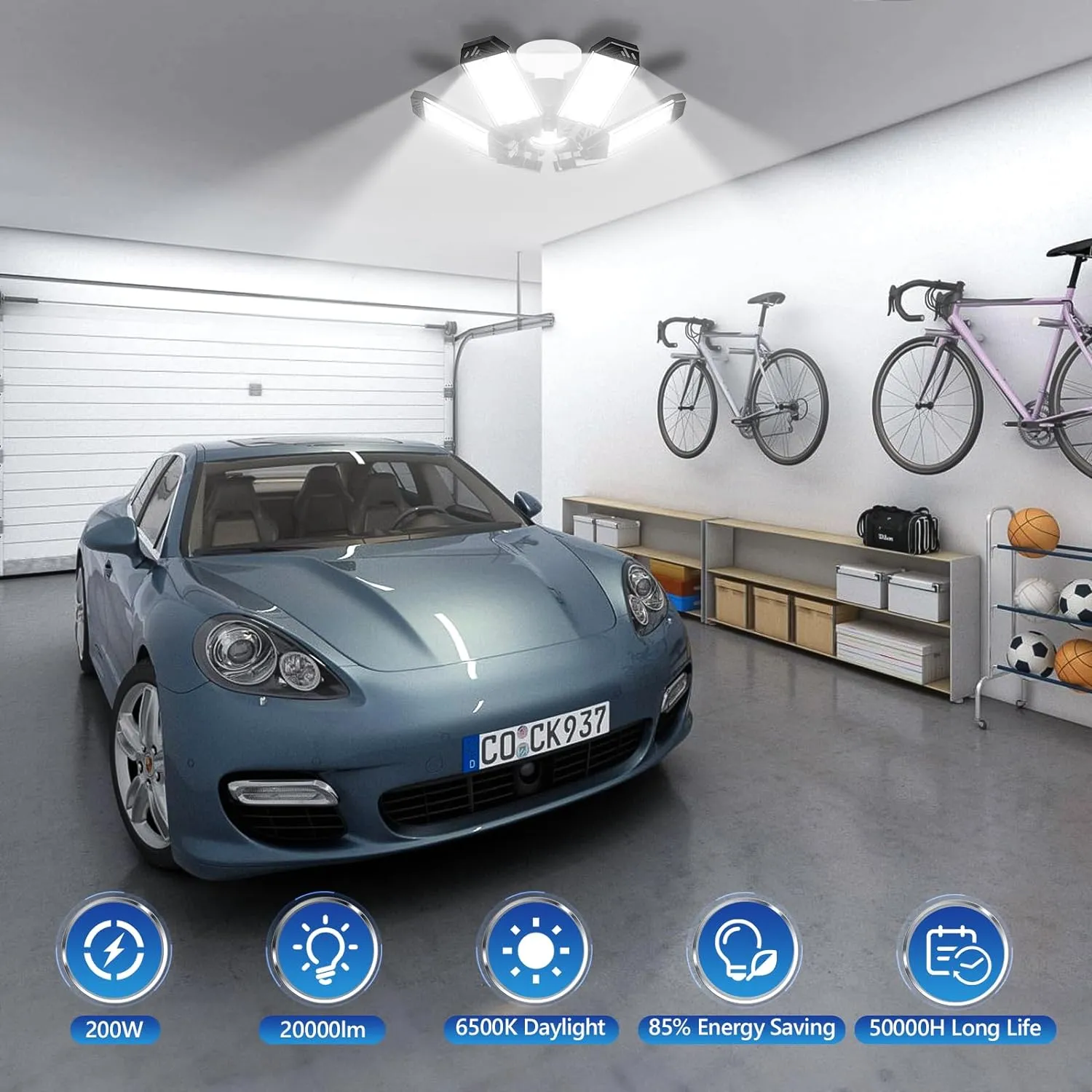 Garage Lights 200W - 8 Pack LED Garage Ceiling Lights 20000LM 6500K with 6 1 Adjustable Panel, Shop LED Screw Into E26 Bulb Socket, Lighting for Workshop Barn Basement Warehouse Gym