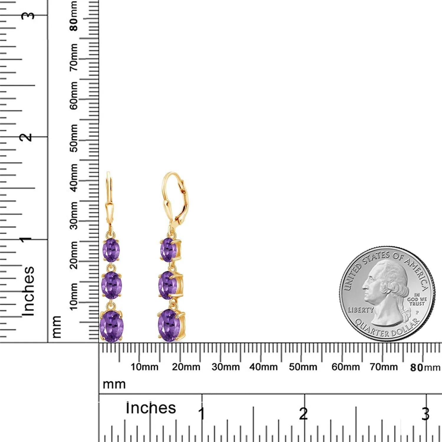 Gem Stone King 18K Yellow Gold Plated Silver Gemstone Birthstone 3-Stone Drop Dangle Earrings | Oval 8X6MM 7X5MM and 6X4MM | Three Stone Leverback Earrings For Women