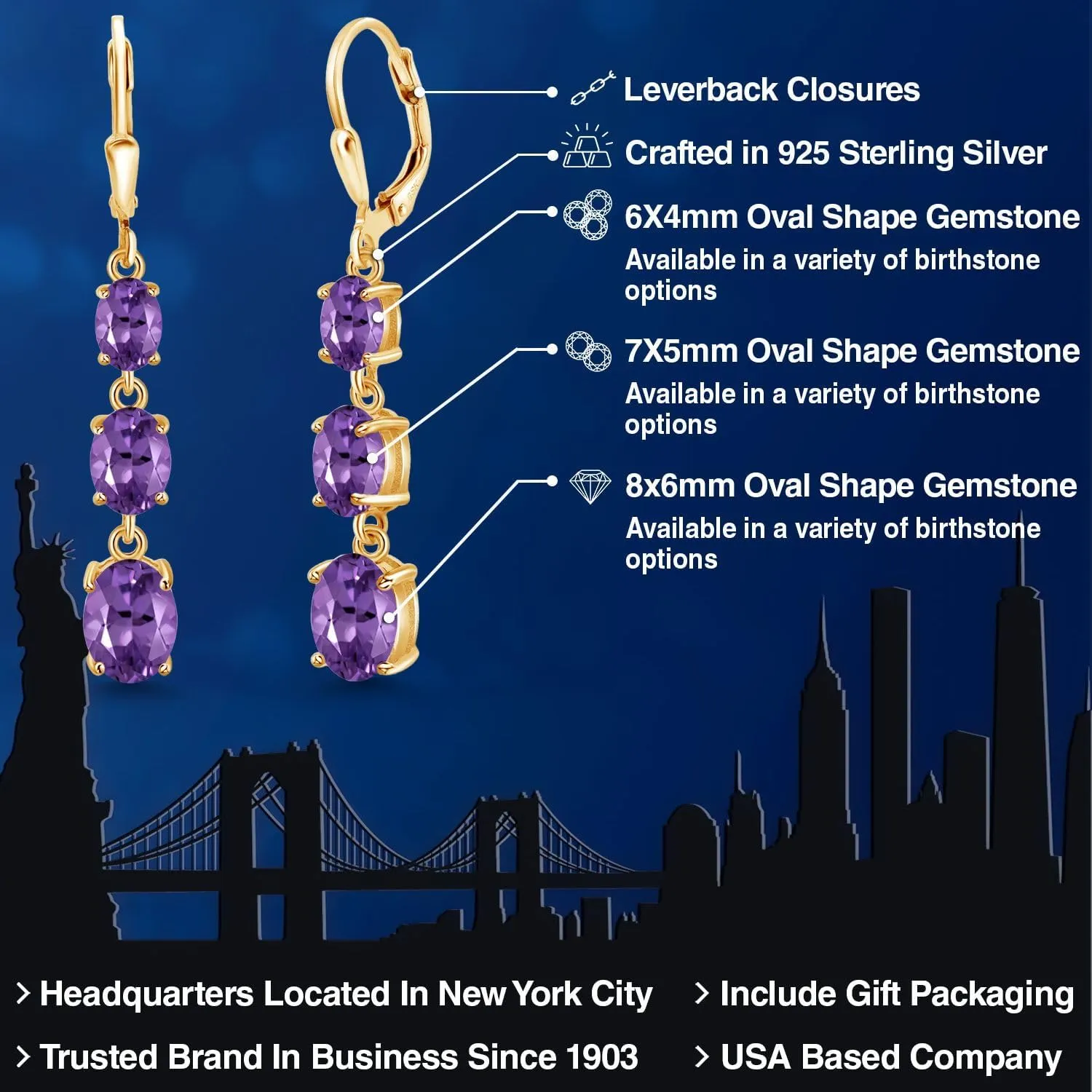 Gem Stone King 18K Yellow Gold Plated Silver Gemstone Birthstone 3-Stone Drop Dangle Earrings | Oval 8X6MM 7X5MM and 6X4MM | Three Stone Leverback Earrings For Women