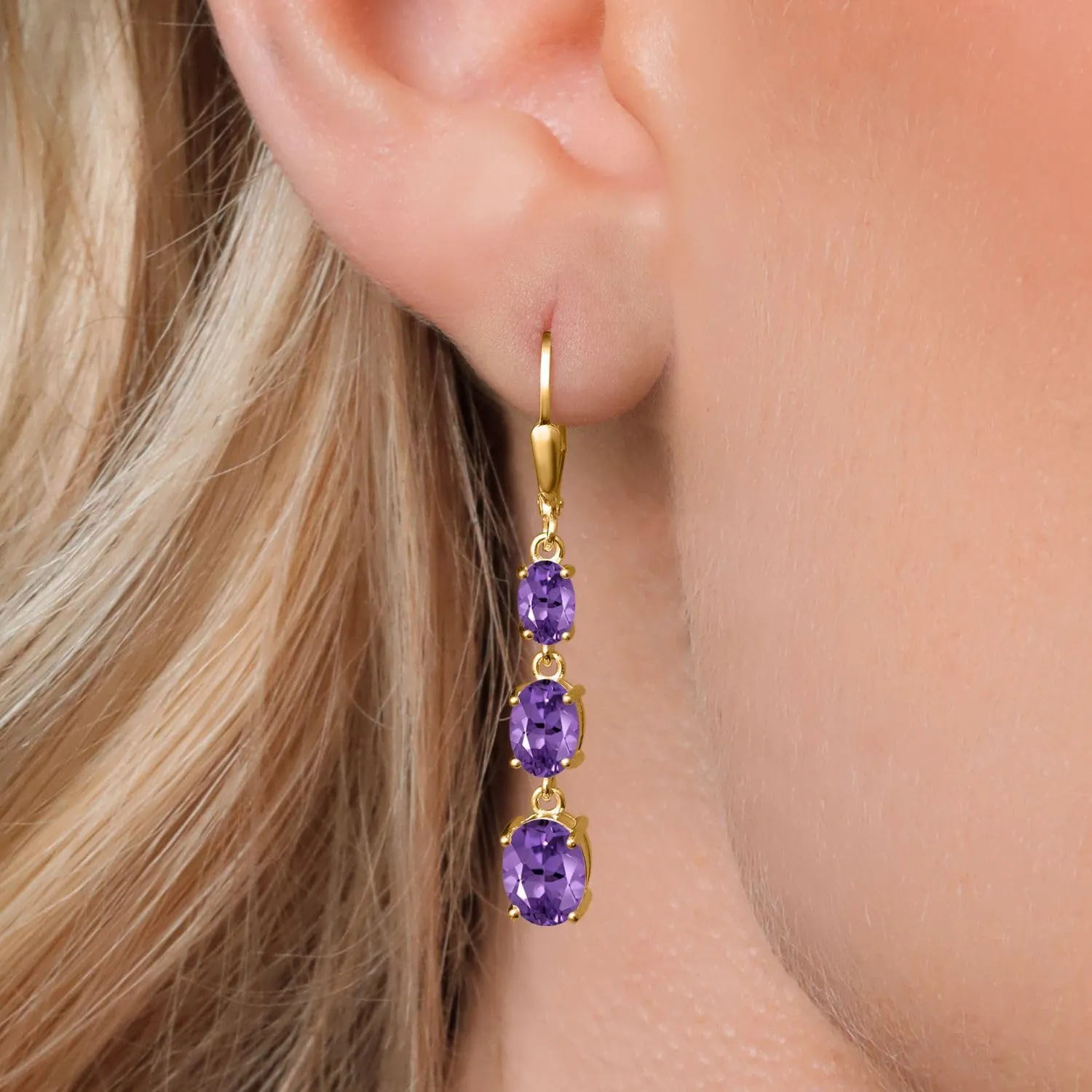 Gem Stone King 18K Yellow Gold Plated Silver Gemstone Birthstone 3-Stone Drop Dangle Earrings | Oval 8X6MM 7X5MM and 6X4MM | Three Stone Leverback Earrings For Women
