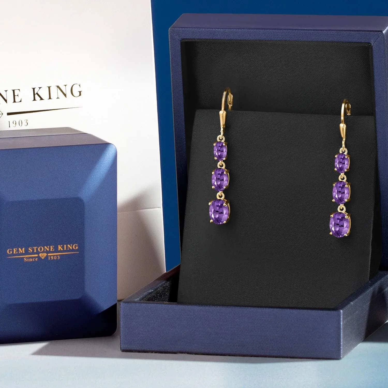 Gem Stone King 18K Yellow Gold Plated Silver Gemstone Birthstone 3-Stone Drop Dangle Earrings | Oval 8X6MM 7X5MM and 6X4MM | Three Stone Leverback Earrings For Women