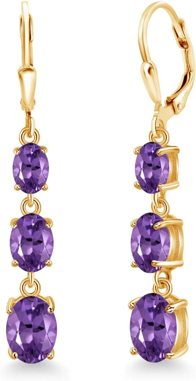 Gem Stone King 18K Yellow Gold Plated Silver Gemstone Birthstone 3-Stone Drop Dangle Earrings | Oval 8X6MM 7X5MM and 6X4MM | Three Stone Leverback Earrings For Women