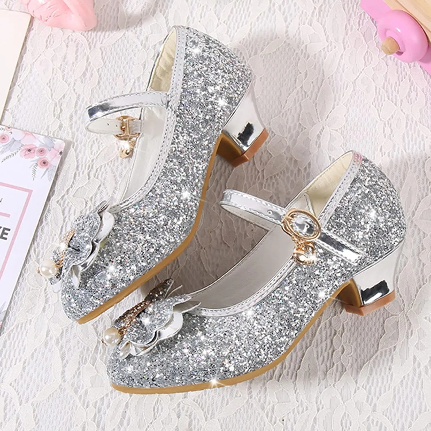 Girl Bowknot Mary Jane Dress Shoes Glitter Flat Shoes High Heels Sequin Shoe Shiny Sandals Bow Wedding Sandals