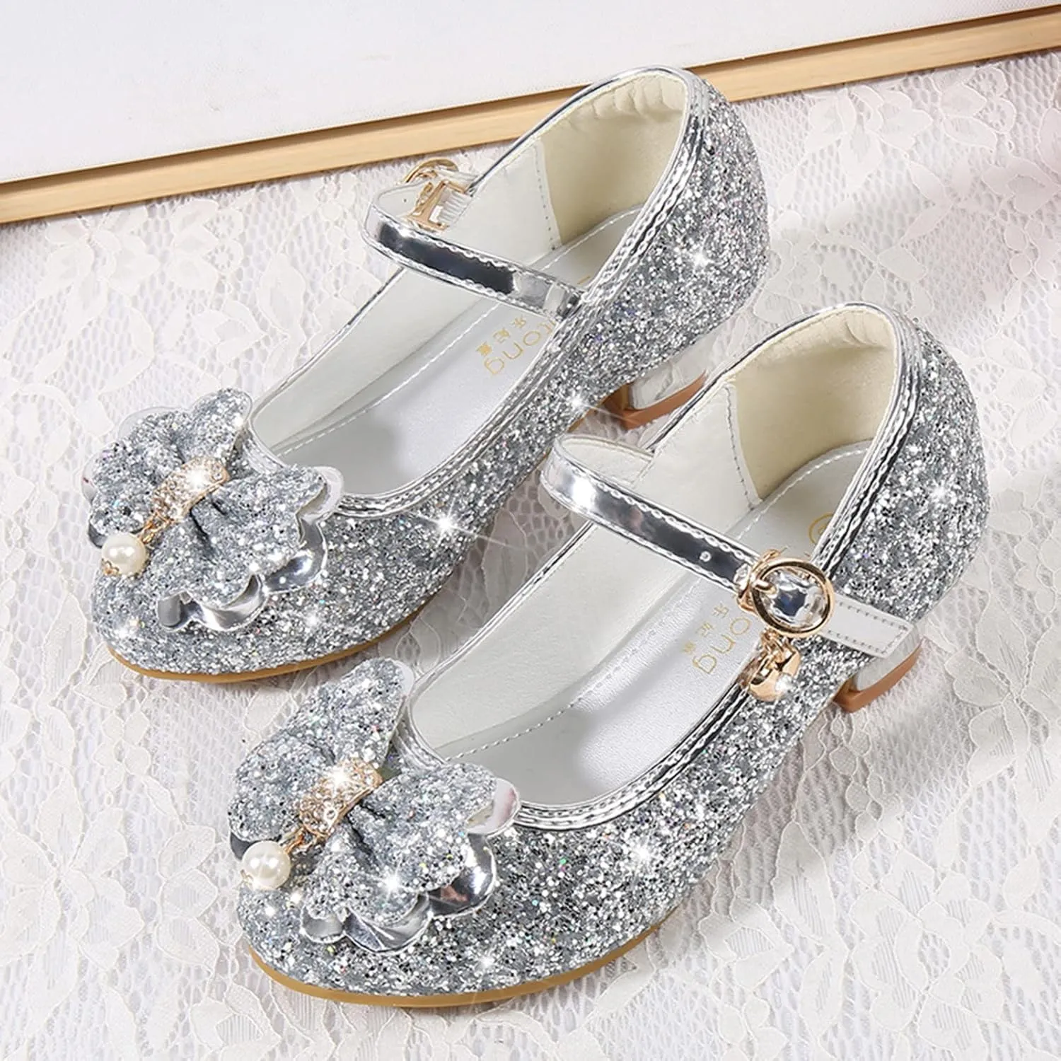 Girl Bowknot Mary Jane Dress Shoes Glitter Flat Shoes High Heels Sequin Shoe Shiny Sandals Bow Wedding Sandals