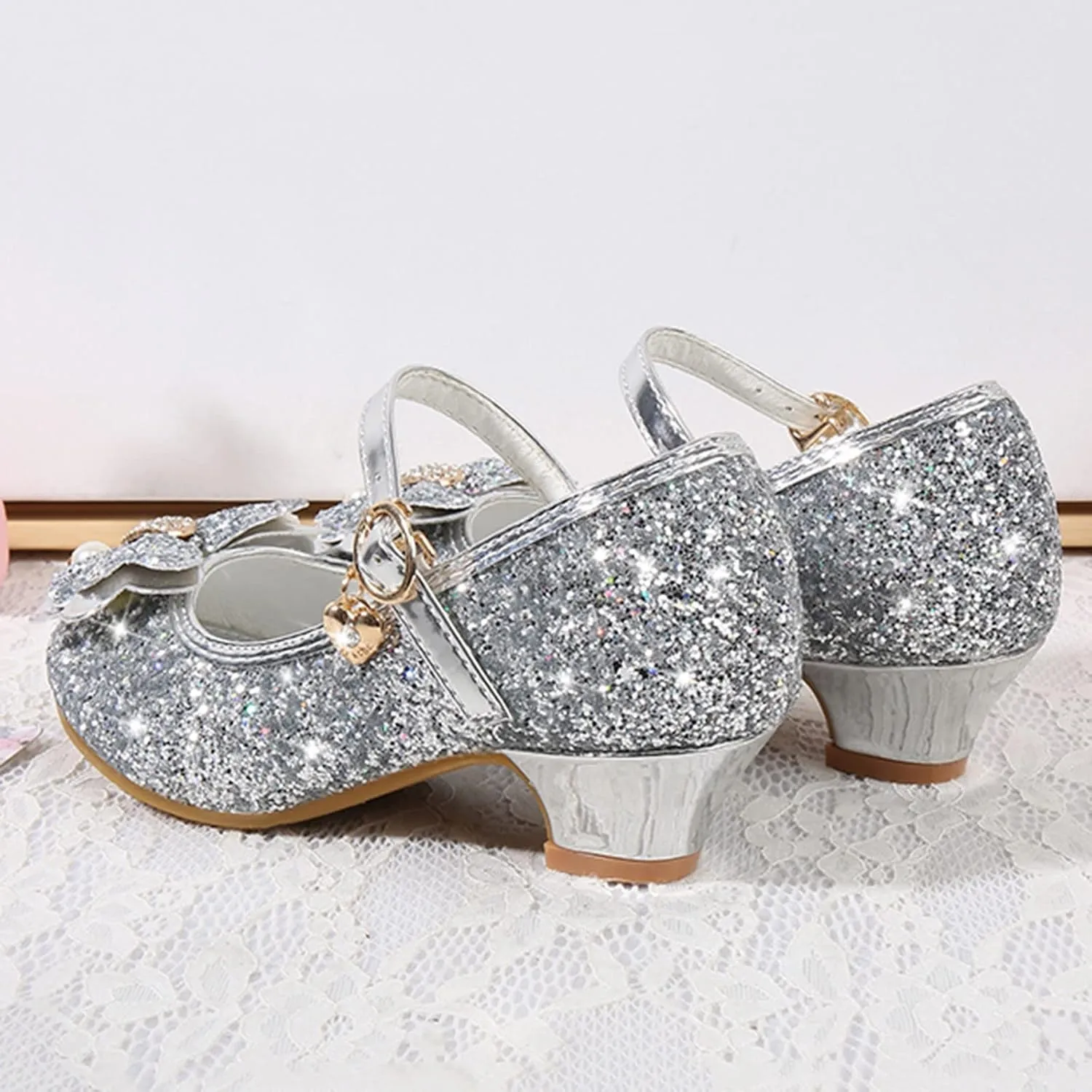 Girl Bowknot Mary Jane Dress Shoes Glitter Flat Shoes High Heels Sequin Shoe Shiny Sandals Bow Wedding Sandals