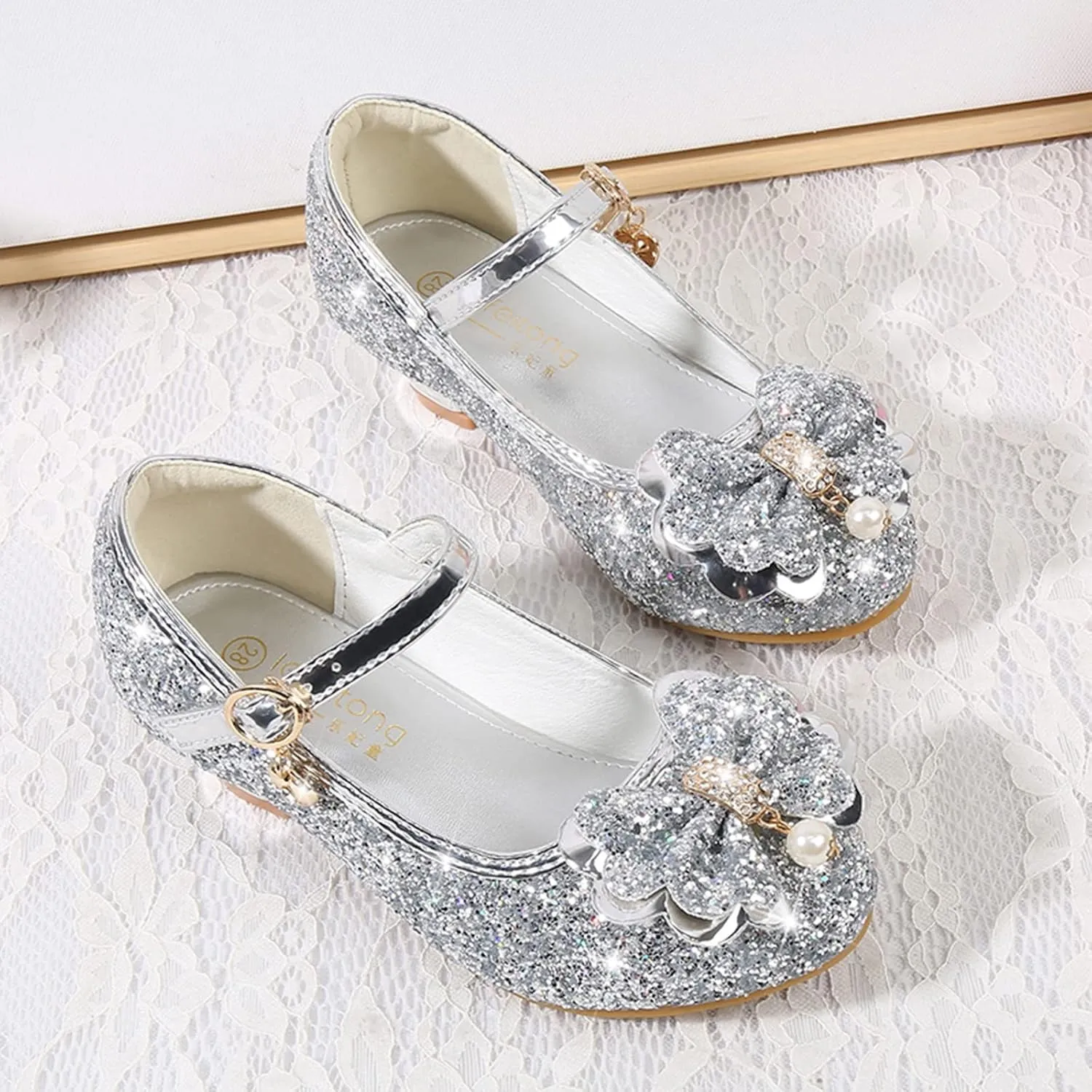 Girl Bowknot Mary Jane Dress Shoes Glitter Flat Shoes High Heels Sequin Shoe Shiny Sandals Bow Wedding Sandals