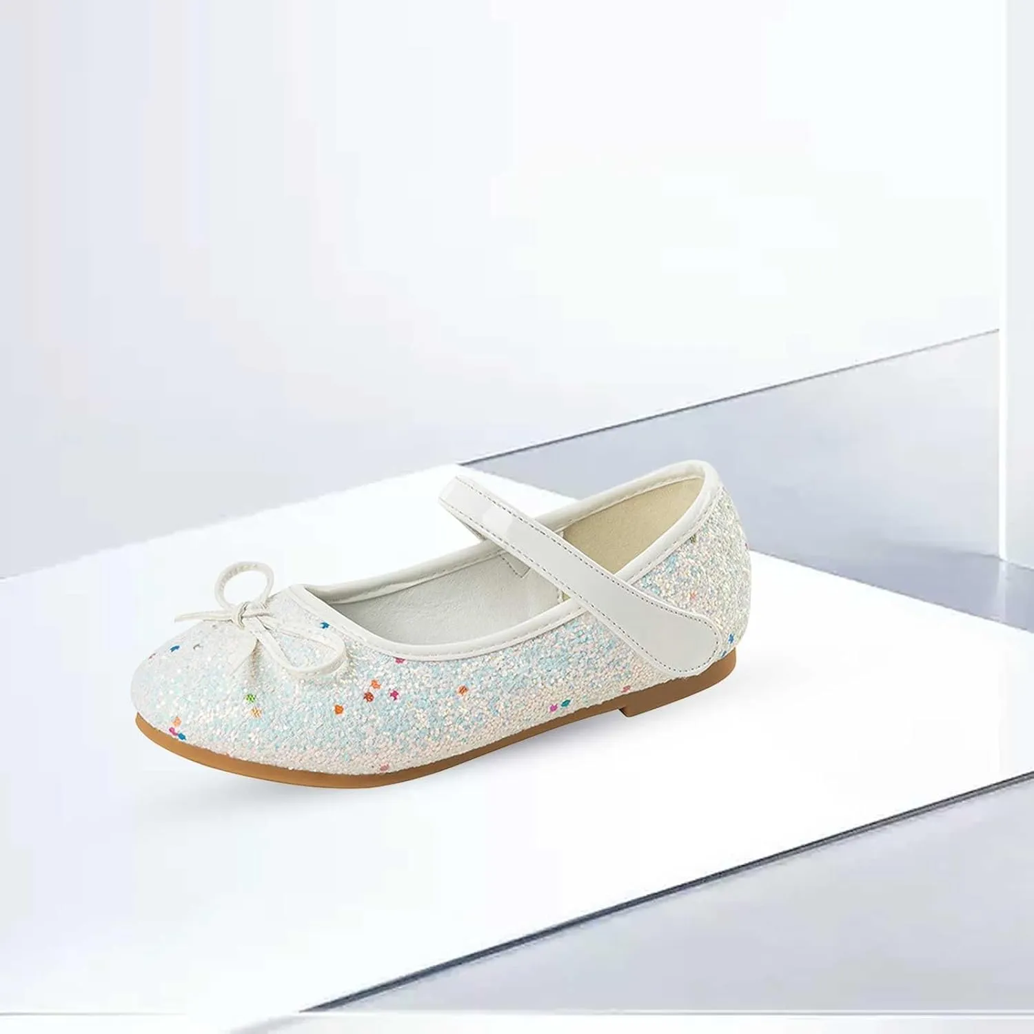 Girl Mary Jane Dress Shoes Glitter Flat Shoes Bowknot Sequin Shoe Bow Wedding Sandals High Heels Shiny Sandals