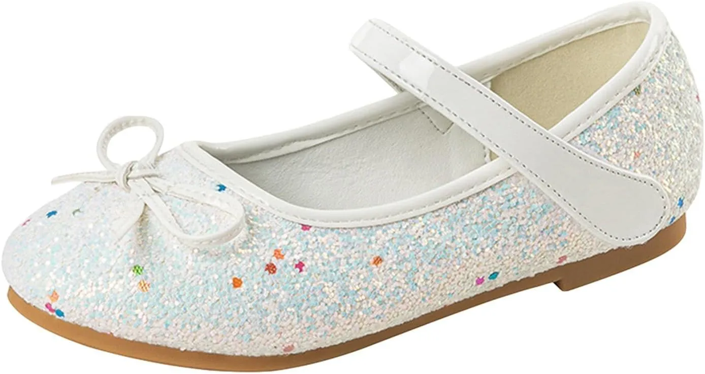 Girl Mary Jane Dress Shoes Glitter Flat Shoes Bowknot Sequin Shoe Bow Wedding Sandals High Heels Shiny Sandals