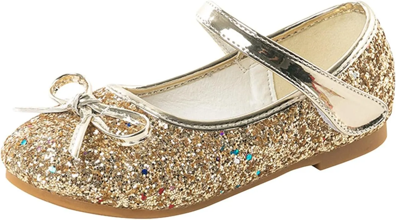 Girl Mary Jane Dress Shoes Glitter Flat Shoes Bowknot Sequin Shoe Bow Wedding Sandals High Heels Shiny Sandals