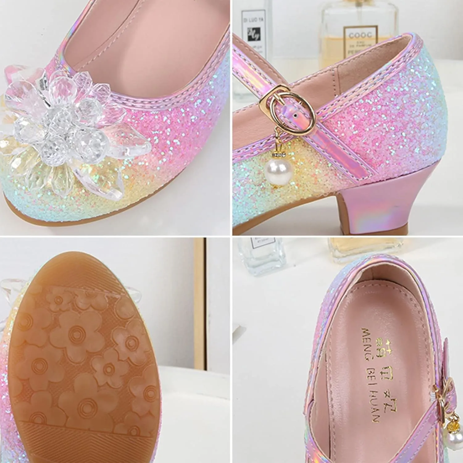 Girl Sandals Glitter Bow Sequin Wedding Party Dress Shoes High Heels Flower Mary Jane Shoes for Toddler