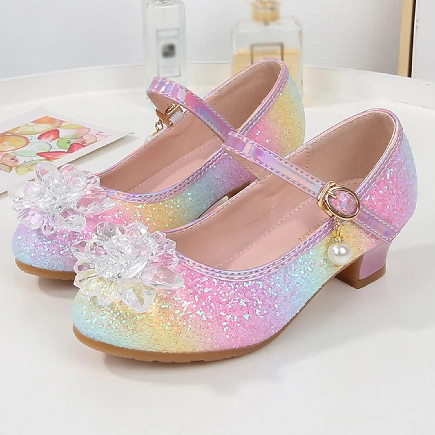 Girl Sandals Glitter Bow Sequin Wedding Party Dress Shoes High Heels Flower Mary Jane Shoes for Toddler