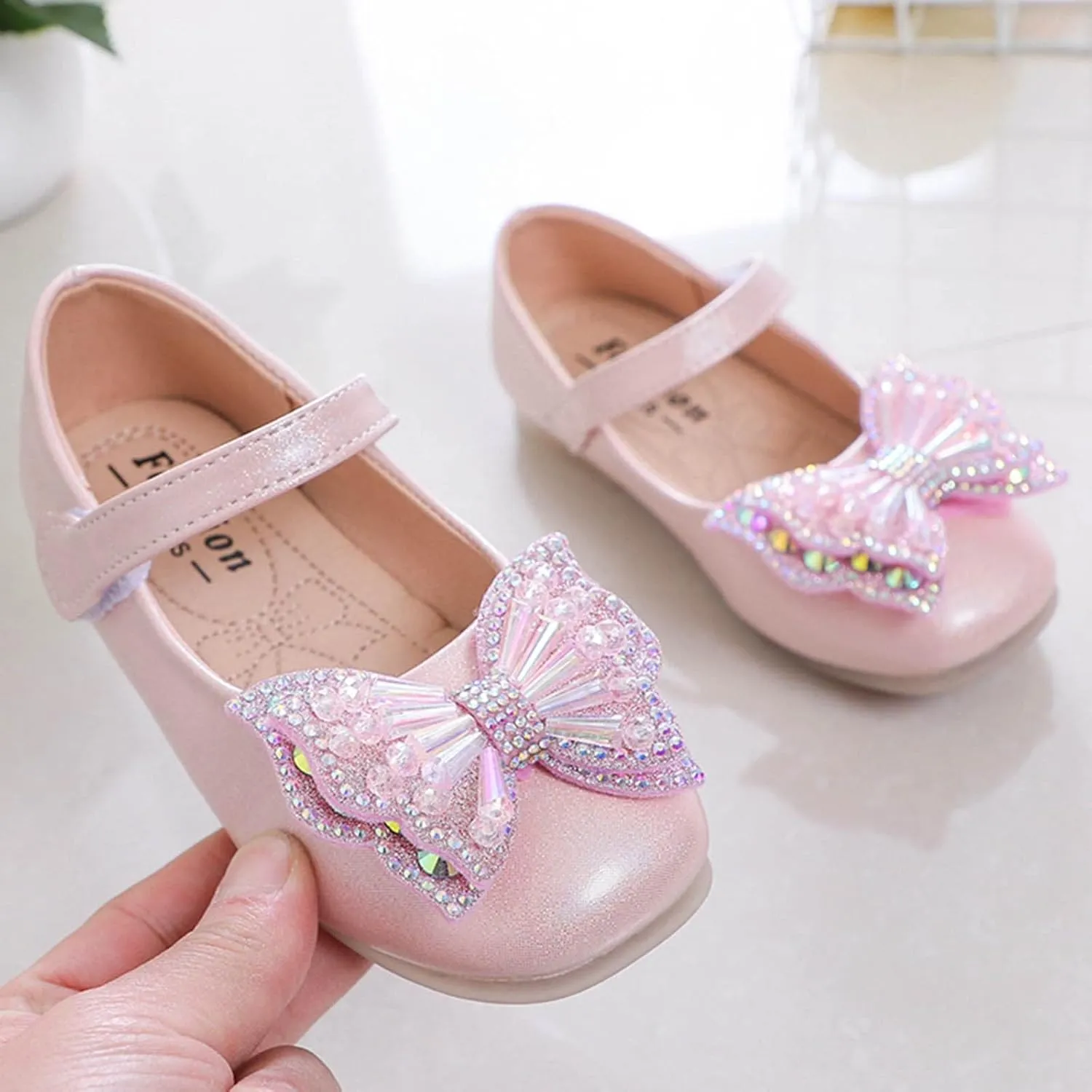 Girls Dress Shoes Sequin Bow Mary Jane Shoes Wedding Part Prom Flat Ankle Strap Sandal for Toddler