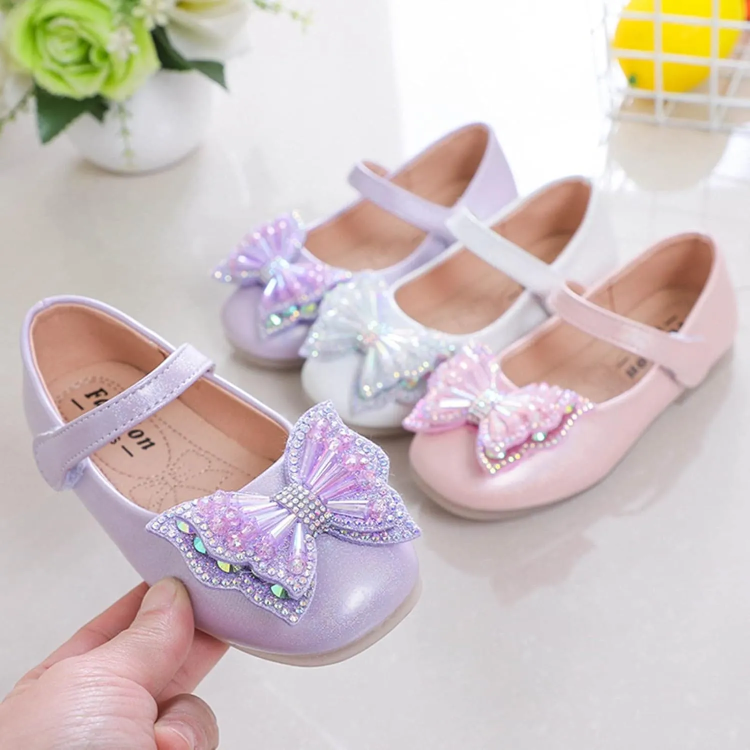 Girls Dress Shoes Sequin Bow Mary Jane Shoes Wedding Part Prom Flat Ankle Strap Sandal for Toddler
