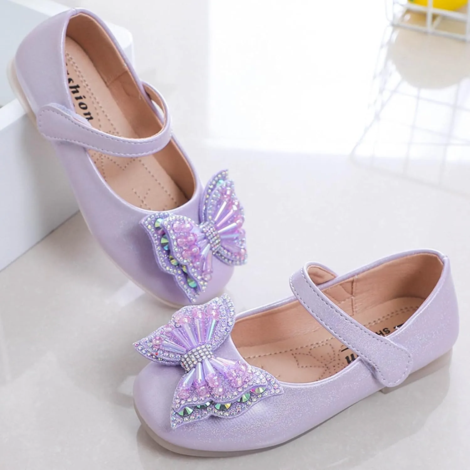 Girls Dress Shoes Sequin Bow Mary Jane Shoes Wedding Part Prom Flat Ankle Strap Sandal for Toddler