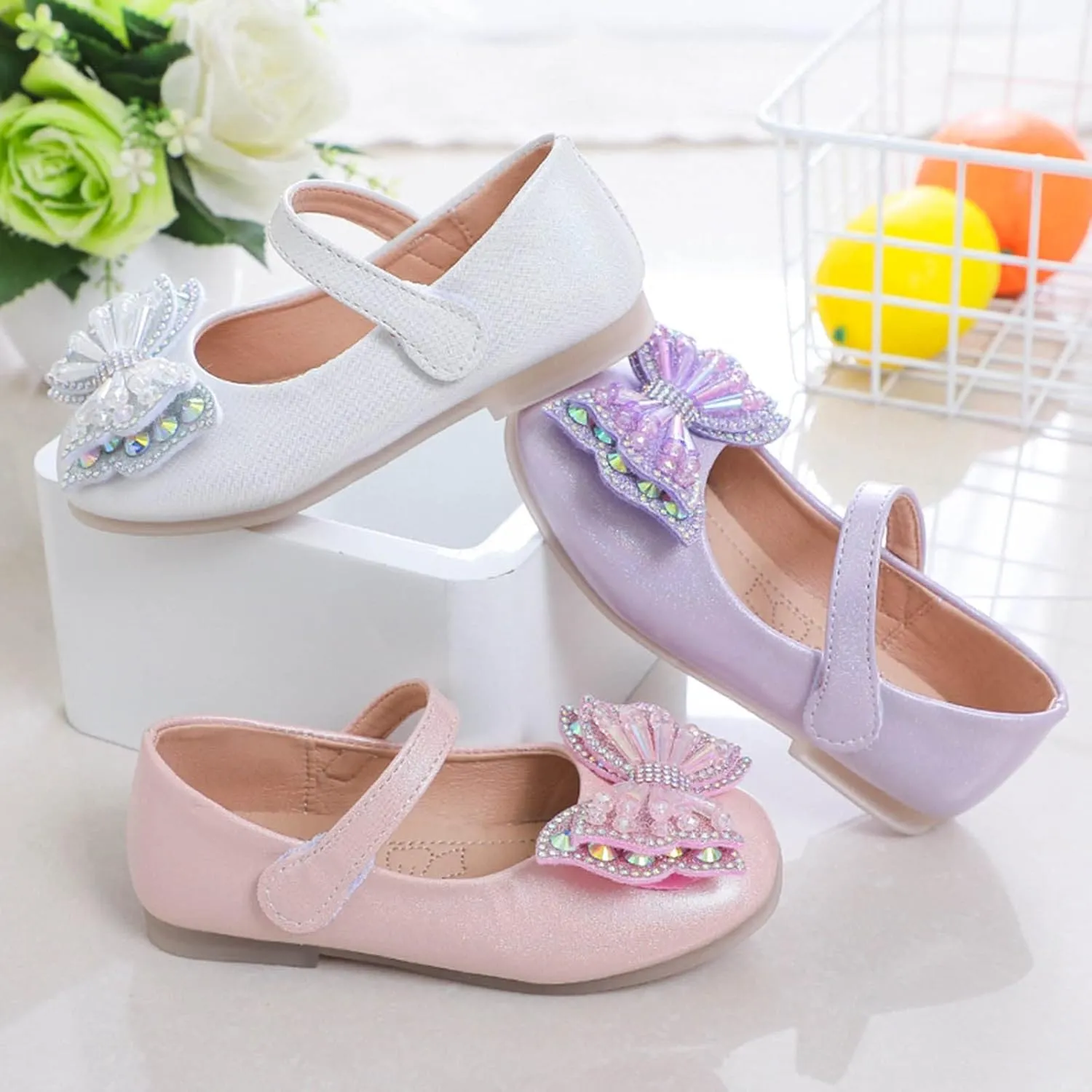 Girls Dress Shoes Sequin Bow Mary Jane Shoes Wedding Part Prom Flat Ankle Strap Sandal for Toddler