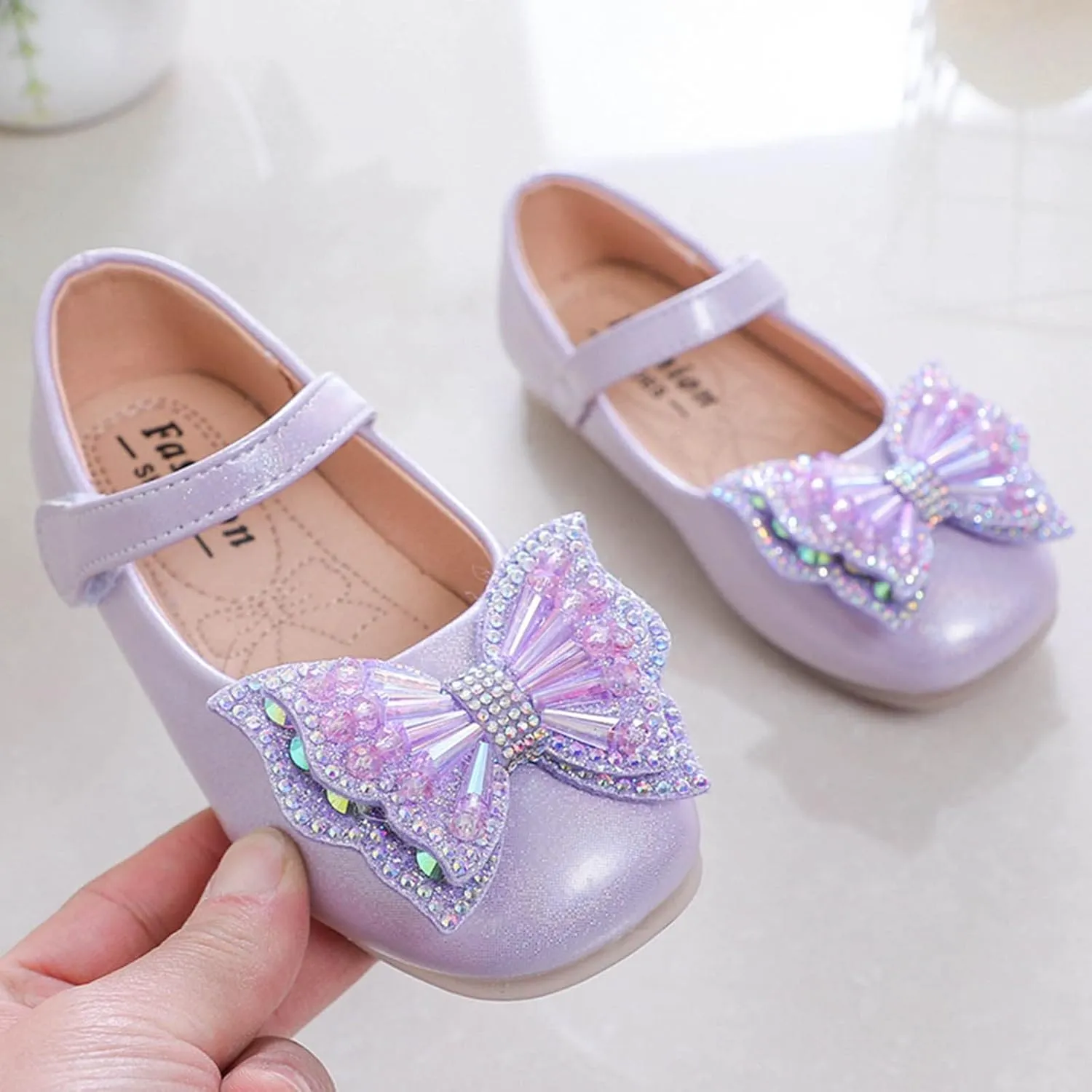 Girls Dress Shoes Sequin Bow Mary Jane Shoes Wedding Part Prom Flat Ankle Strap Sandal for Toddler